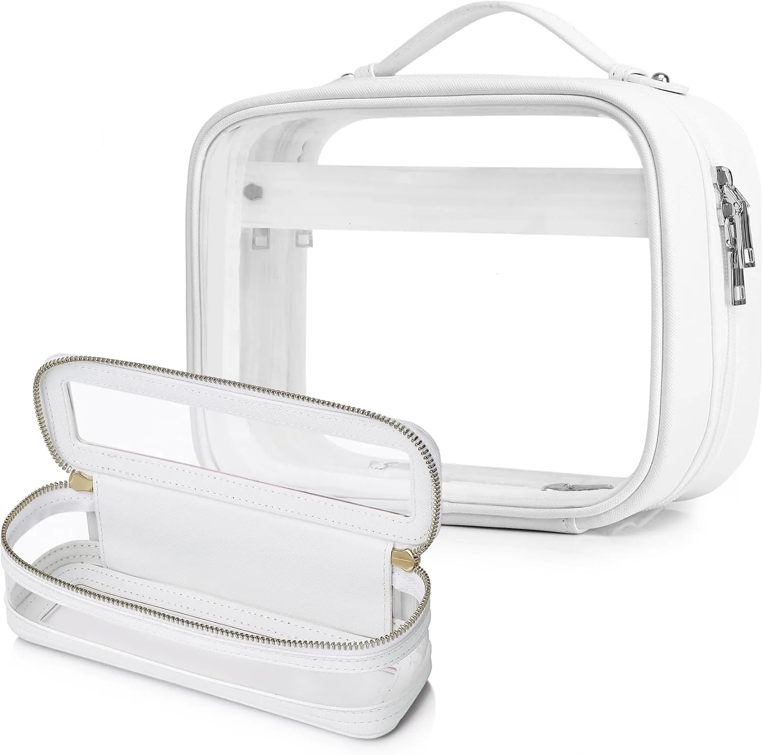 Travel Makeup Bag Set Portable Clear Cosmetic & Toiletry Case Women's Purse Organizer and Car Essentials with Zipper (X/White, M SLIM)