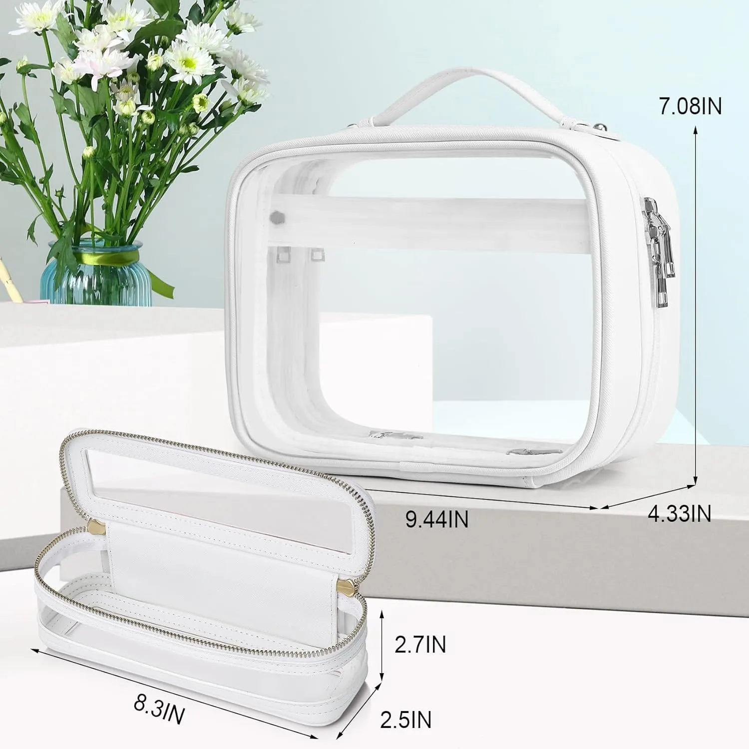Travel Makeup Bag Set Portable Clear Cosmetic & Toiletry Case Women's Purse Organizer and Car Essentials with Zipper (X/White, M SLIM)