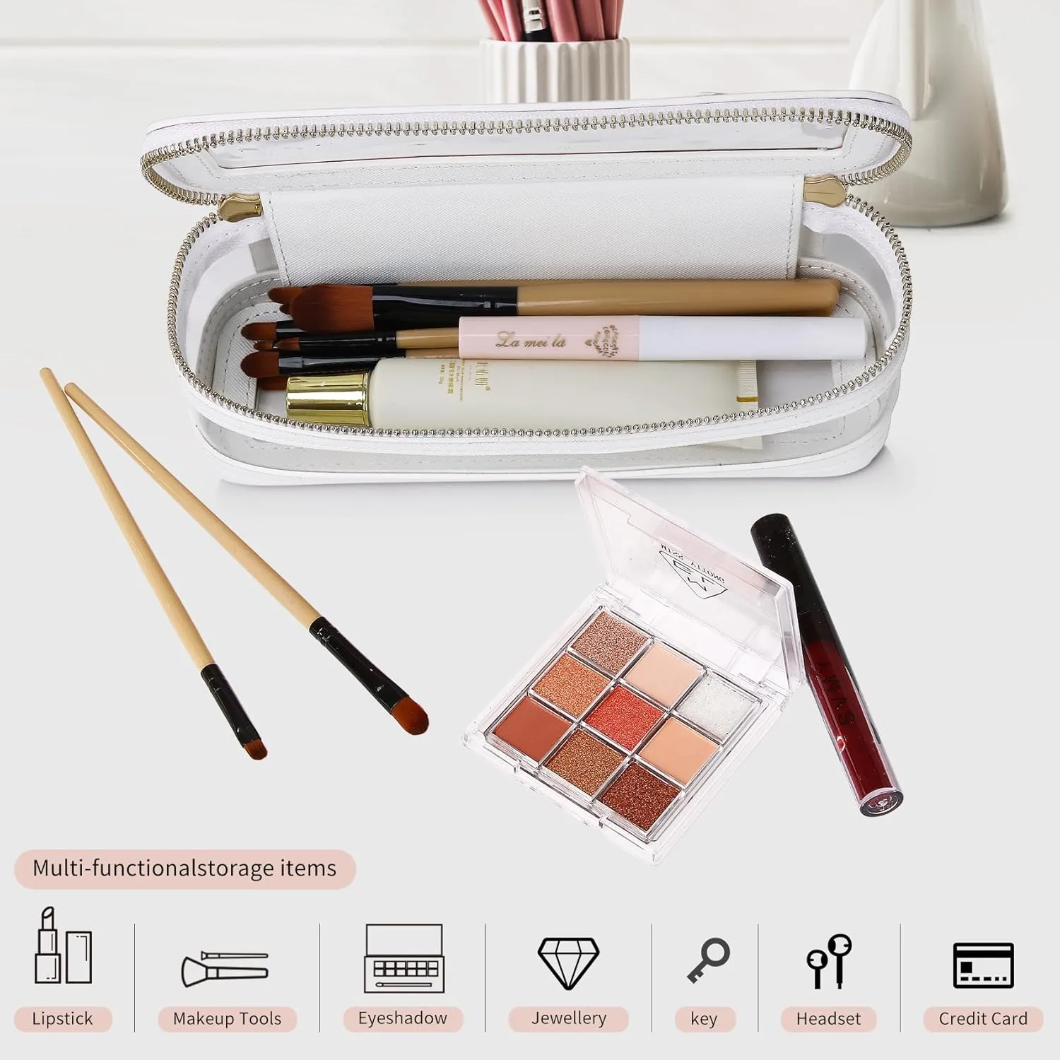 Travel Makeup Bag Set Portable Clear Cosmetic & Toiletry Case Women's Purse Organizer and Car Essentials with Zipper (X/White, M SLIM)