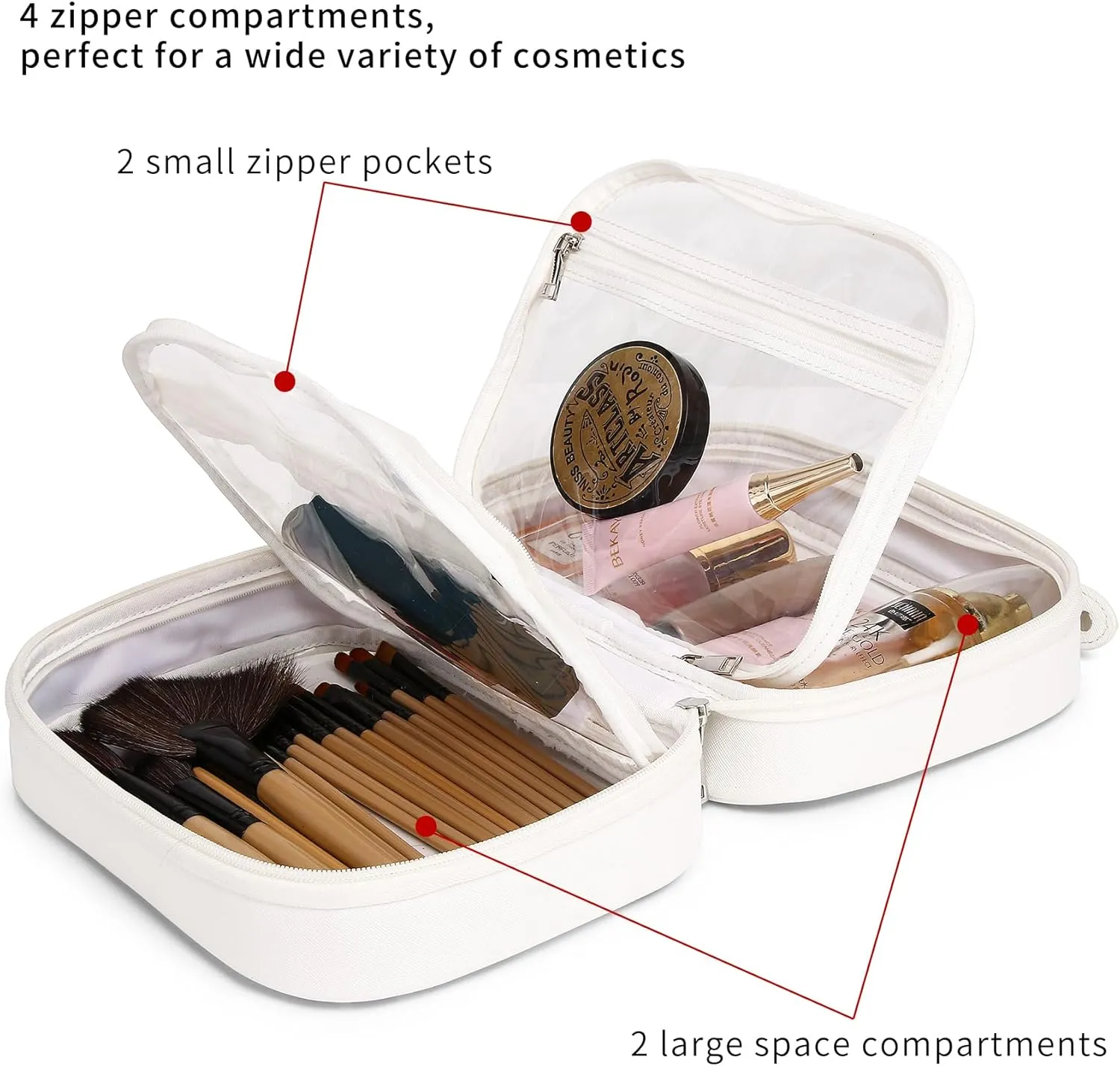 Travel Makeup Bag Set Portable Clear Cosmetic & Toiletry Case Women's Purse Organizer and Car Essentials with Zipper (X/White, M SLIM)