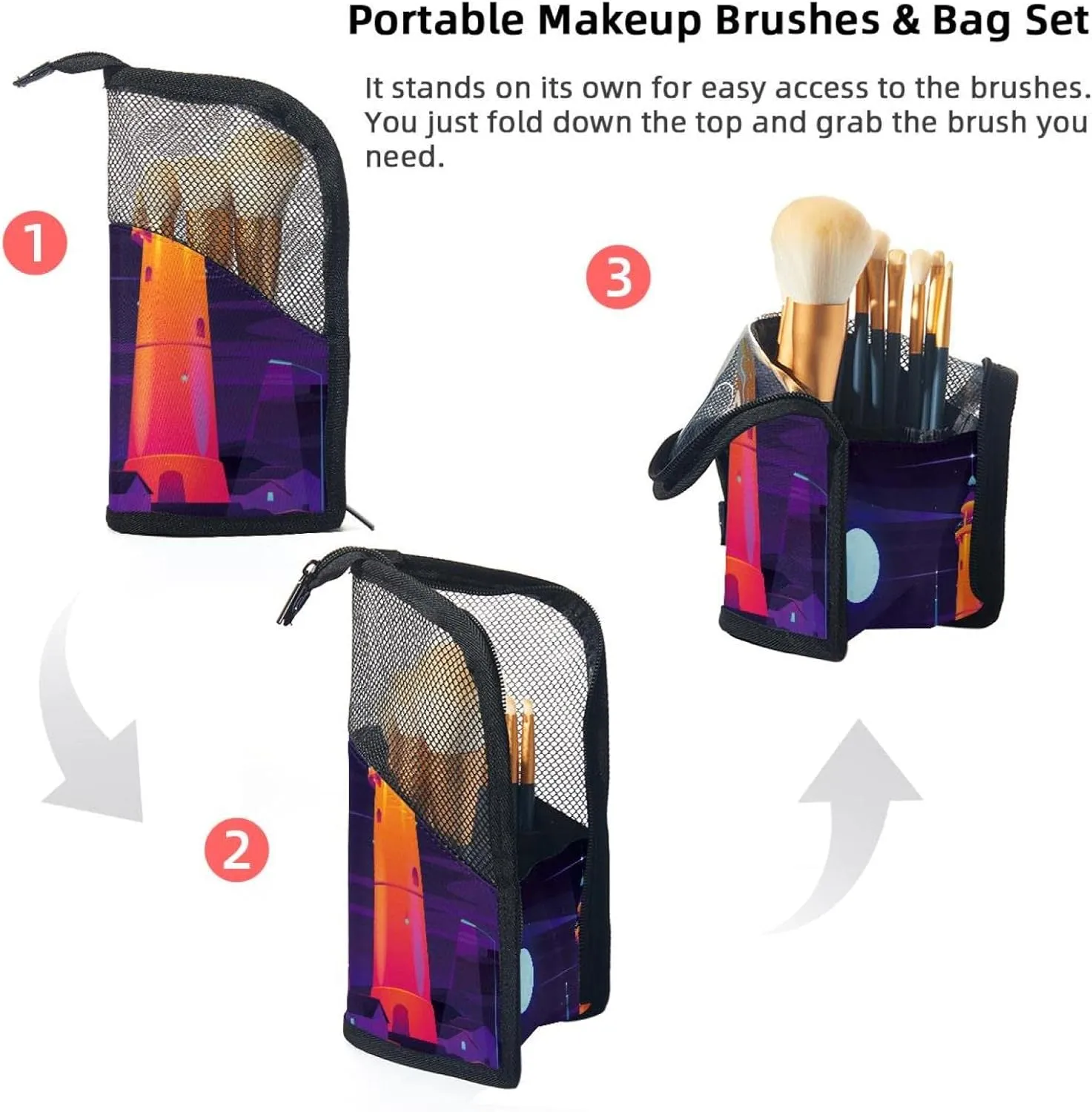 Travel Makeup Brush Holder, Large Stand-Up Makeup Brush Case, Professional Brush Organizer Foldable Makeup Artist Brush Storage Bag - Lighthouse Beach