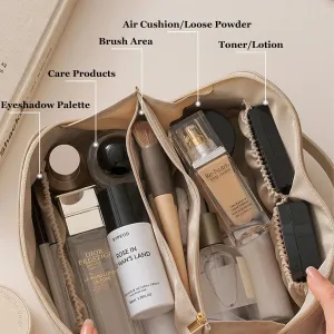Travel Makeup Organizer Bag, Large Capacity PU Leather Cosmetic Bag for Women, Waterproof Portable Pouch Open Flat Toiletry Bag with Divider and Handle, Spacious Opening and Multi-Compartment Storage