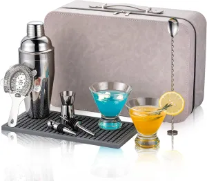 Travel Martini Kit with 2 Glasses,Travel Bartender Kit with Case Recipe Cards, Cocktail Shaker Set for Cocktail Mixer,Martini Gift Shaker Set for Home Outdoor Party