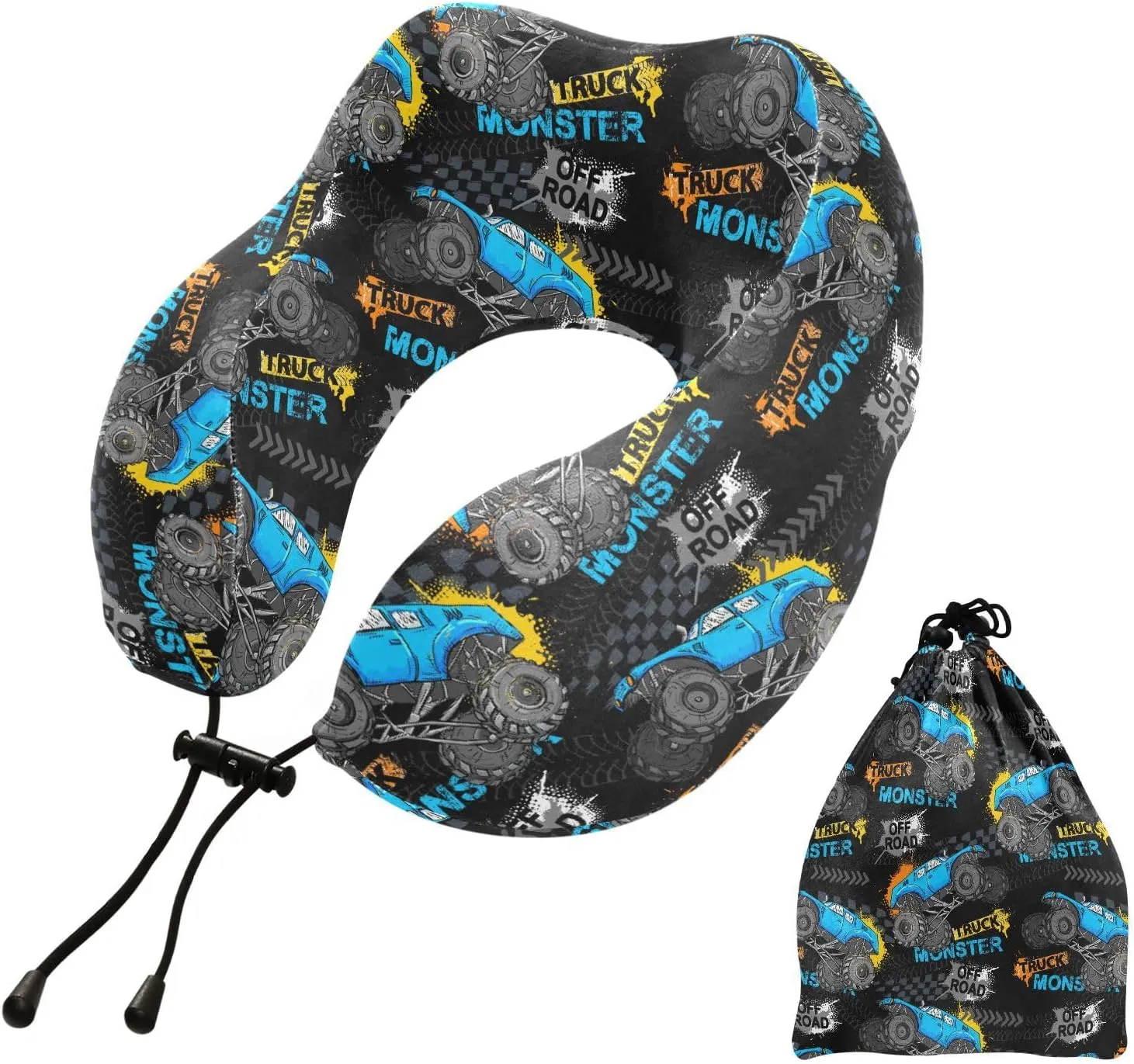 Travel Neck Pillow Monster Truck Memory Foam Head Support Soft Pillows with Storage Bag U-Shape Pillow for Cars Long Flights Sleeping Girls Boys Adults Gift