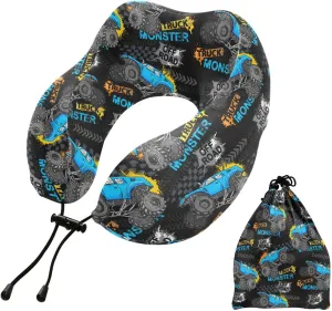 Travel Neck Pillow Monster Truck Memory Foam Head Support Soft Pillows with Storage Bag U-Shape Pillow for Cars Long Flights Sleeping Girls Boys Adults Gift