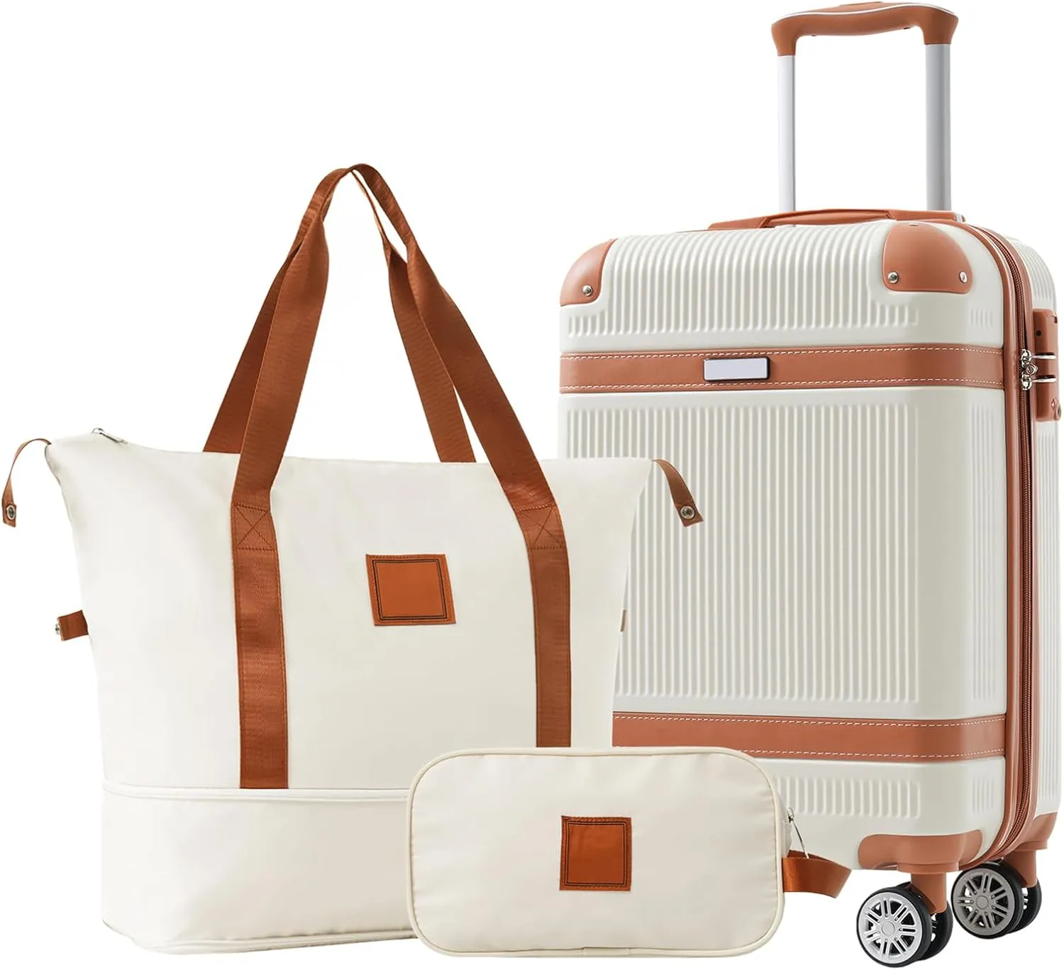 Travel Smoothly with 3 Piece Hardshell Luggage Set, Includes 20in Carry-on Suitcase, Duffel Bag, Toiletry Bag, White