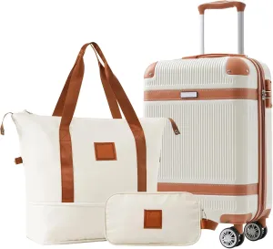 Travel Smoothly with 3 Piece Hardshell Luggage Set, Includes 20in Carry-on Suitcase, Duffel Bag, Toiletry Bag, White