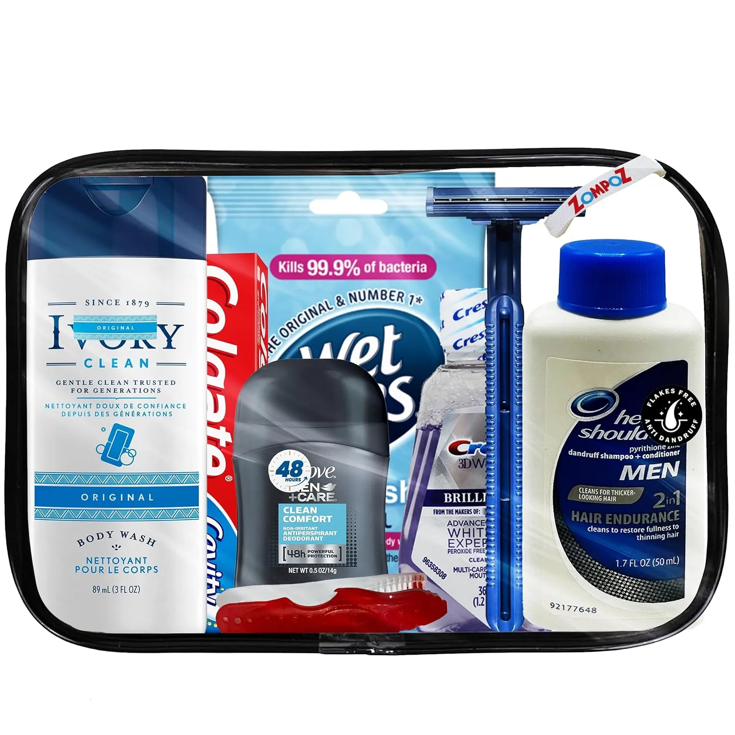 Travel Toiletries Kit Gift for Men, Travel Bag of Hygiene Essentials for Bath, Shaving and Personal Care, 8 Mini TSA Approved Items in Reusable Zipper Bag, Perfect for On-The-Go