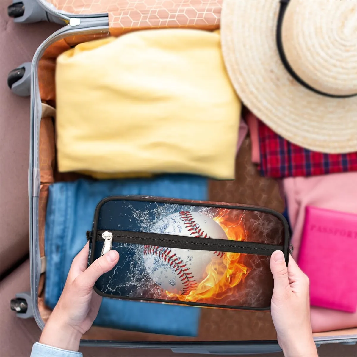 Travel Toiletry Bag for Boys Kids Men Women,Water Fire Baseball Waterproof Make up Bag for Travel, Shaving Bag, Dopp Kit,Tool Storage Bag Cosmetic Bag, Men's Bathroom Bag