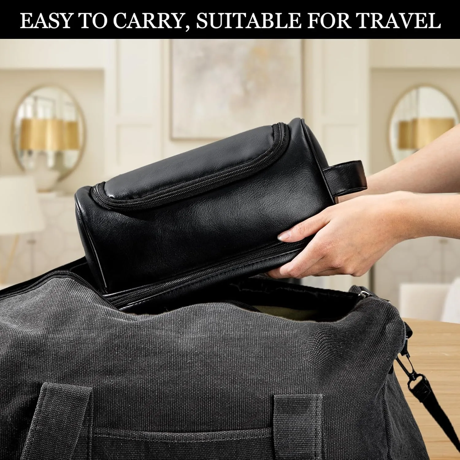 Travel Toiletry Bag for Men, Large Water-resistant Shaving Bag Toiletries Organizer, PU Leather Dopp Kit, with Hanging Hook, Multi-functional and Stylish, Ideal for Grooming, Travel, Camping, Gym