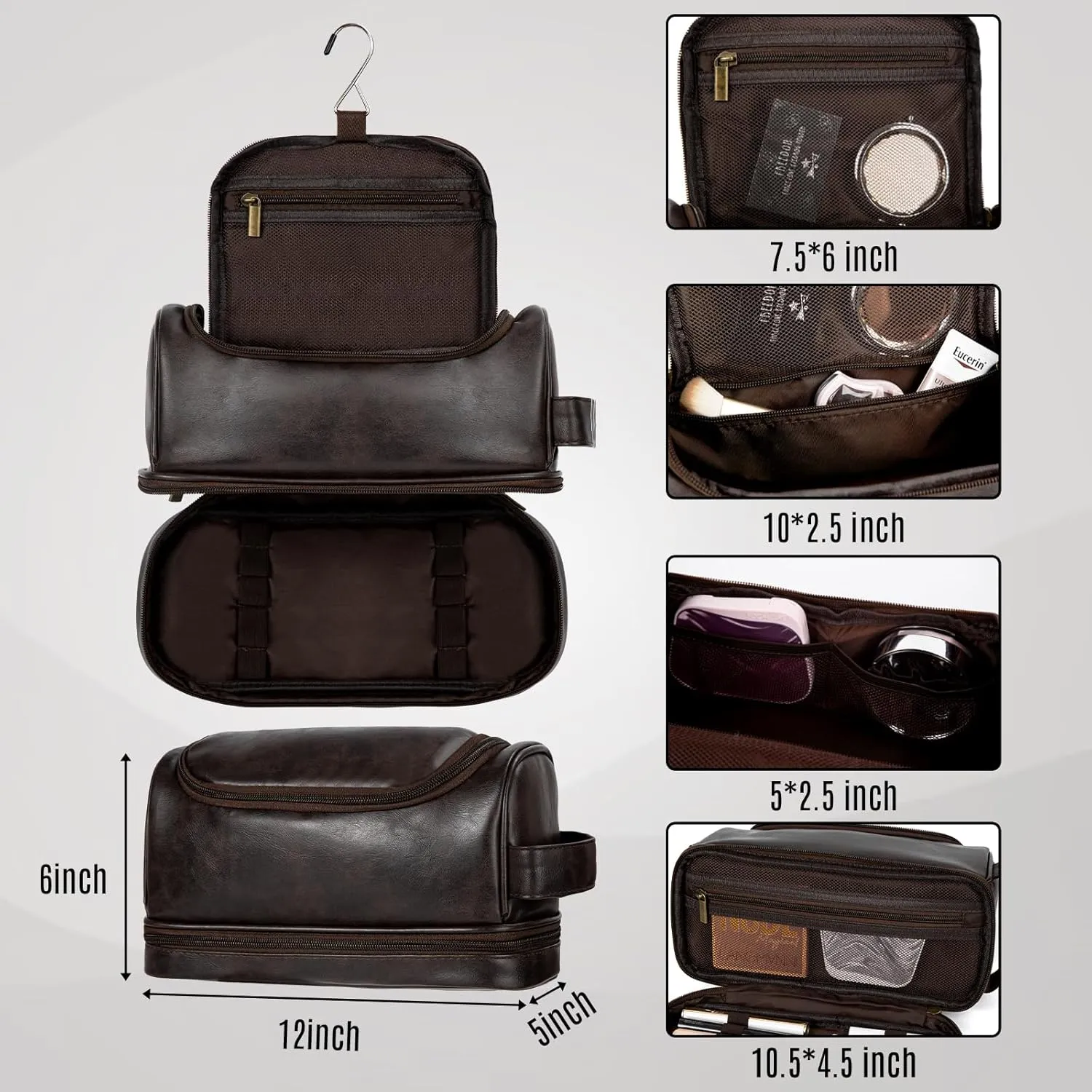 Travel Toiletry Bag for Men, Large Water-resistant Shaving Bag Toiletries Organizer, PU Leather Dopp Kit, with Hanging Hook, Multi-functional and Stylish, Ideal for Grooming, Travel, Camping, Gym