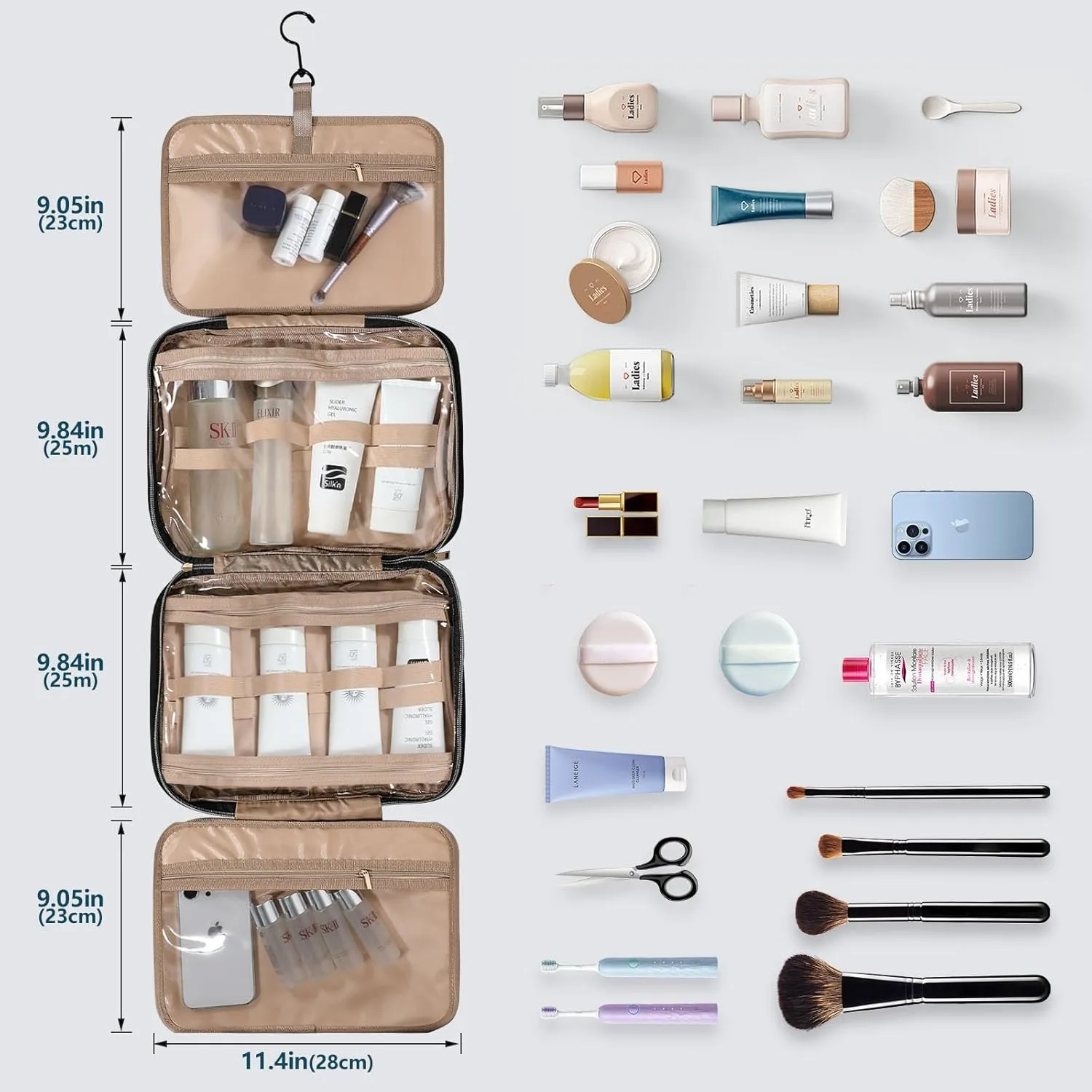 Travel Toiletry Bag for Women,8.5L Large Cosmetic bag with hook,Hanging Toiletry Organizer with 4 Compartments,Water-resistant Full size toiletry contain