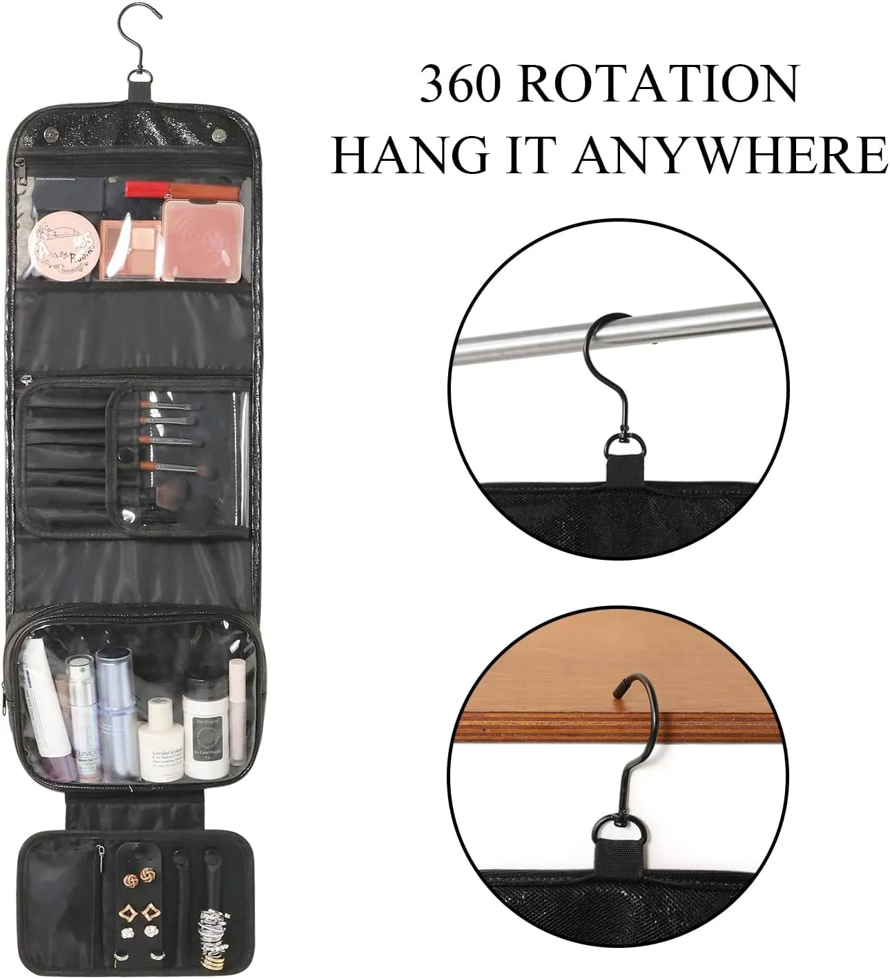 Travel Toiletry Bag for Women,Hanging Travel Toiletry Bag with Jewelry Organizer Compartment,Makeup Bag, Waterproof and Dirt Resistant, Travel Essentials, Medium,Bright Black