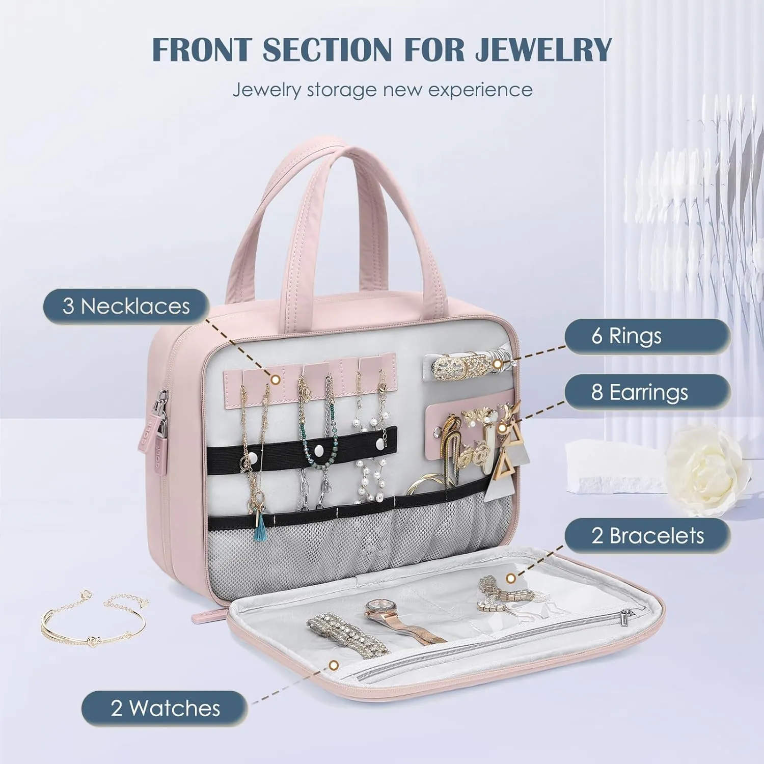 Travel Toiletry Bag with Jewelry Organizer, Hanging Toiletry Bag for Toiletries Puffy Cosmetic Make up Bag Organizer Carry-on Travel Accessories Essentials,Smoky Pink