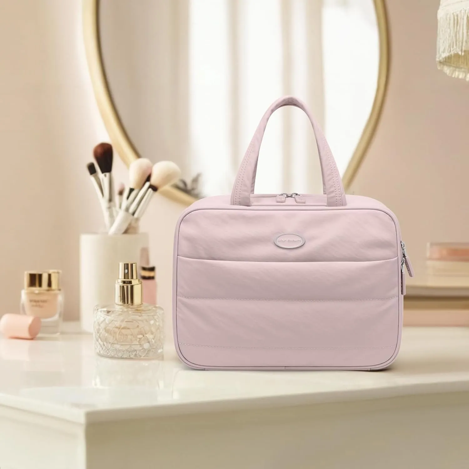 Travel Toiletry Bag with Jewelry Organizer, Hanging Toiletry Bag for Toiletries Puffy Cosmetic Make up Bag Organizer Carry-on Travel Accessories Essentials,Smoky Pink
