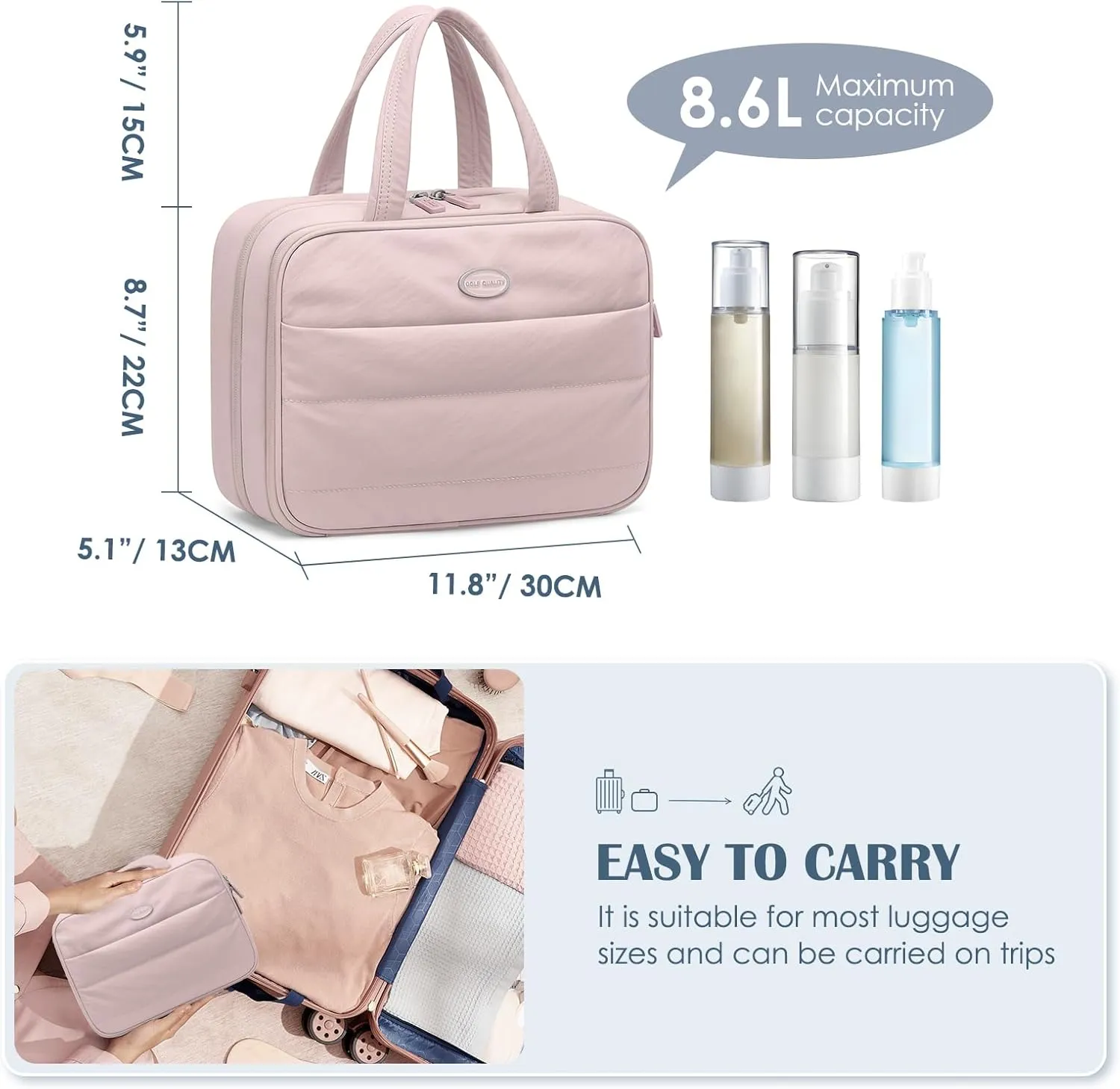 Travel Toiletry Bag with Jewelry Organizer, Hanging Toiletry Bag for Toiletries Puffy Cosmetic Make up Bag Organizer Carry-on Travel Accessories Essentials,Smoky Pink
