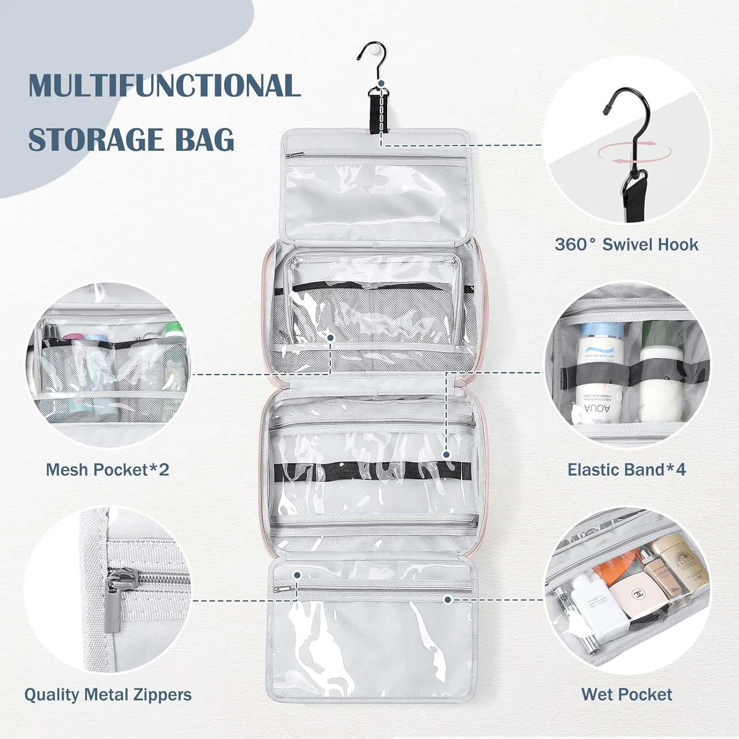 Travel Toiletry Bag with Jewelry Organizer, Hanging Toiletry Bag for Toiletries Puffy Cosmetic Make up Bag Organizer Carry-on Travel Accessories Essentials,Smoky Pink
