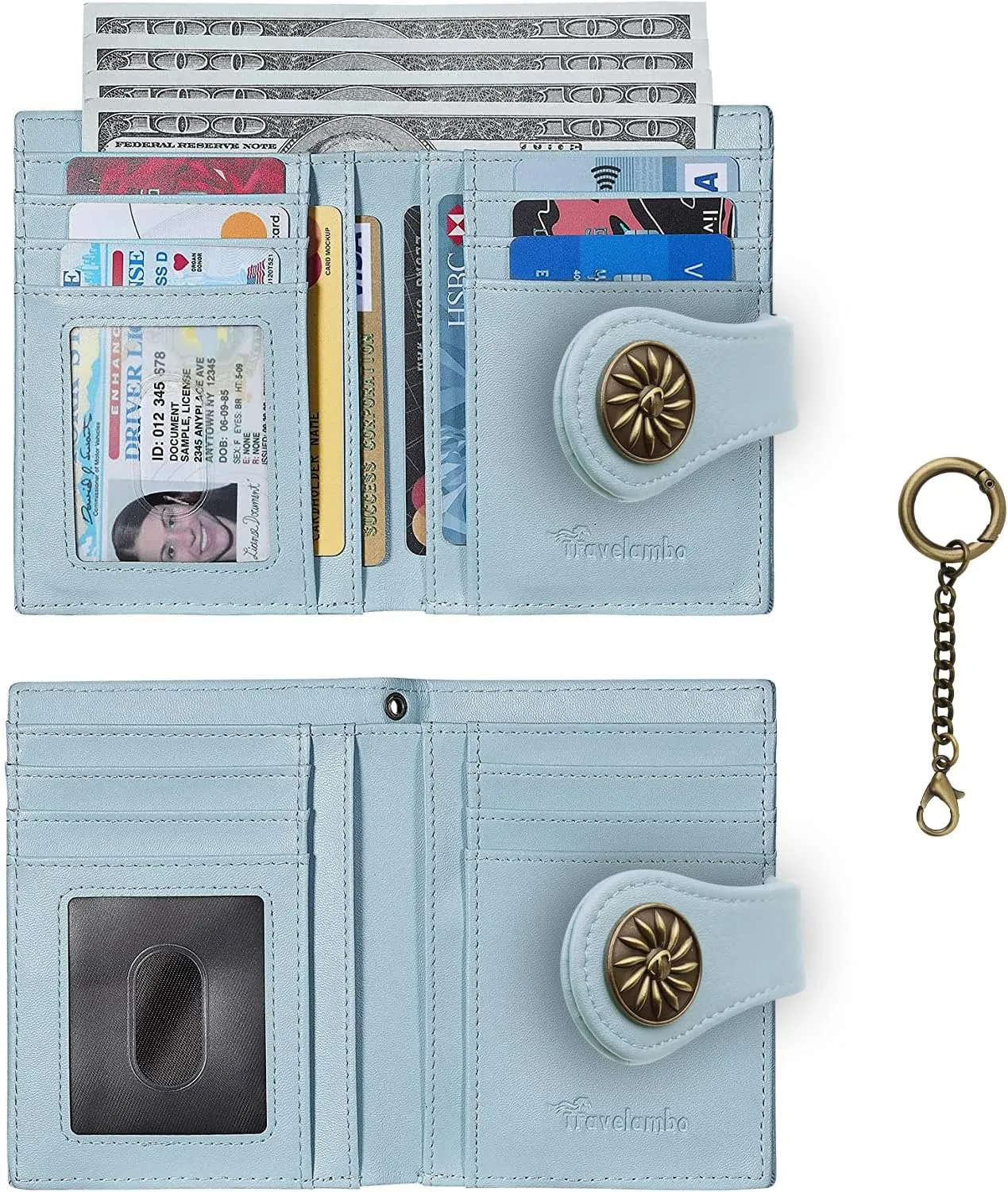 Travelambo Small Womens Wallet with 2 ID Windows, RFID Blocking Bifold Leather Card Holder Purse with Zipper Coin Pocket