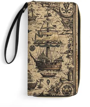 Treasure Map Maritime Pirate Wallet Leather Zipper Around Clutch Wallet Large Capacity Purse with Wristlet Strap