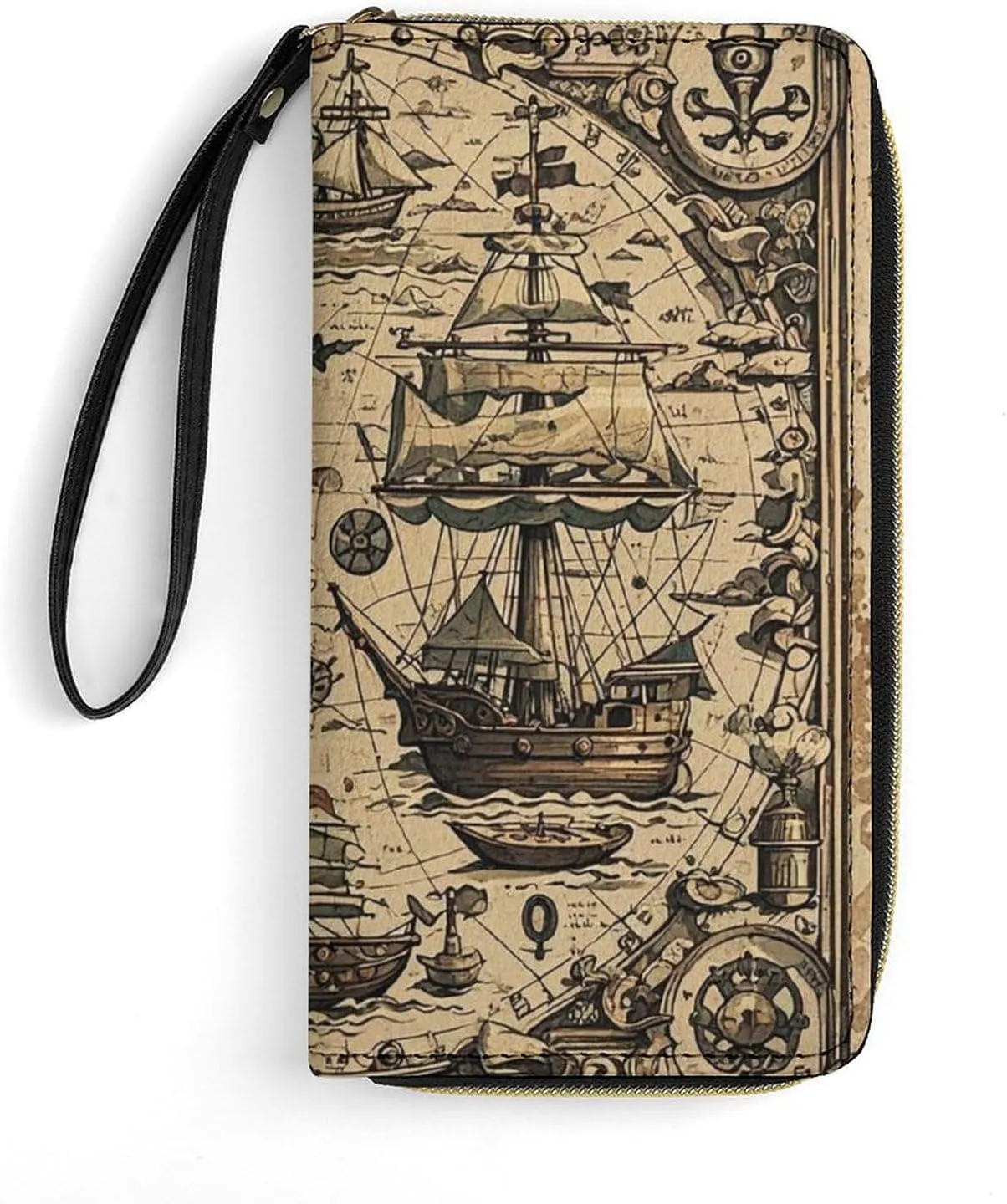 Treasure Map Maritime Pirate Wallet Leather Zipper Around Clutch Wallet Large Capacity Purse with Wristlet Strap