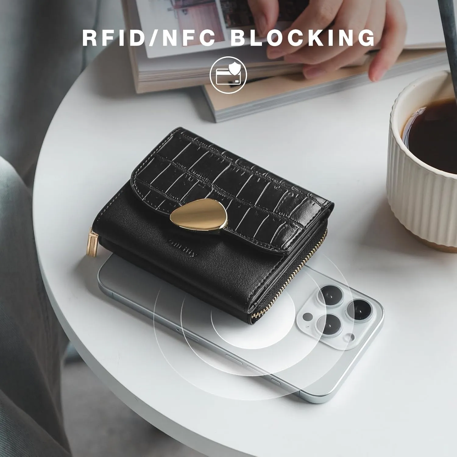 Trifold Leather Wallet for Women RFID Blocking, Small Compact Purse with Zipper Pocket, Ideal for Gift, Black