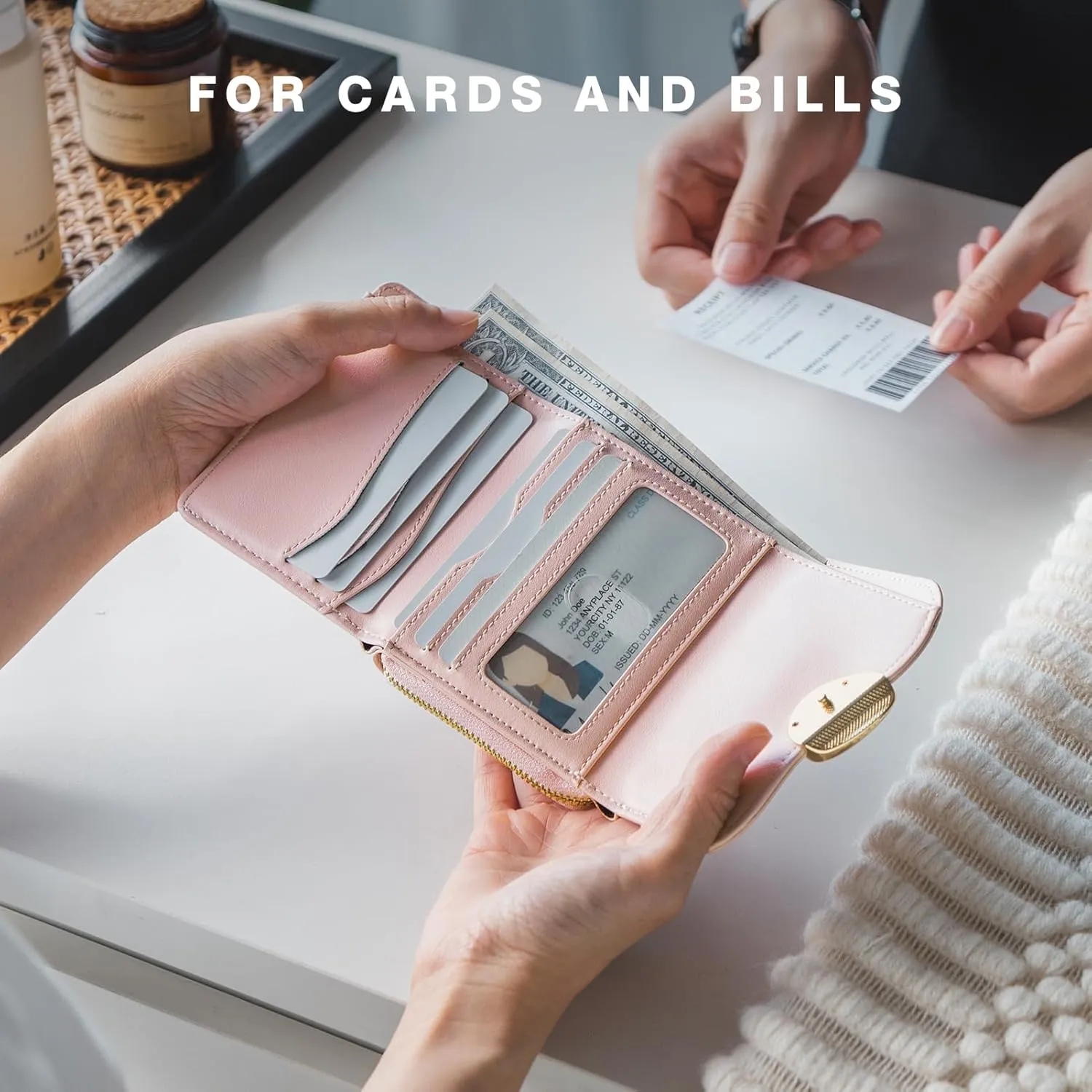 Trifold Leather Wallet for Women RFID Blocking, Small Compact Purse with Zipper Pocket, Ideal for Gift, Pink