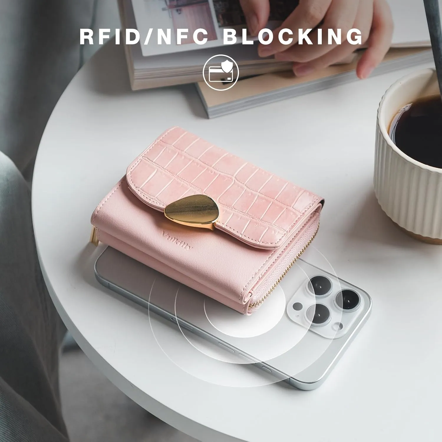Trifold Leather Wallet for Women RFID Blocking, Small Compact Purse with Zipper Pocket, Ideal for Gift, Pink