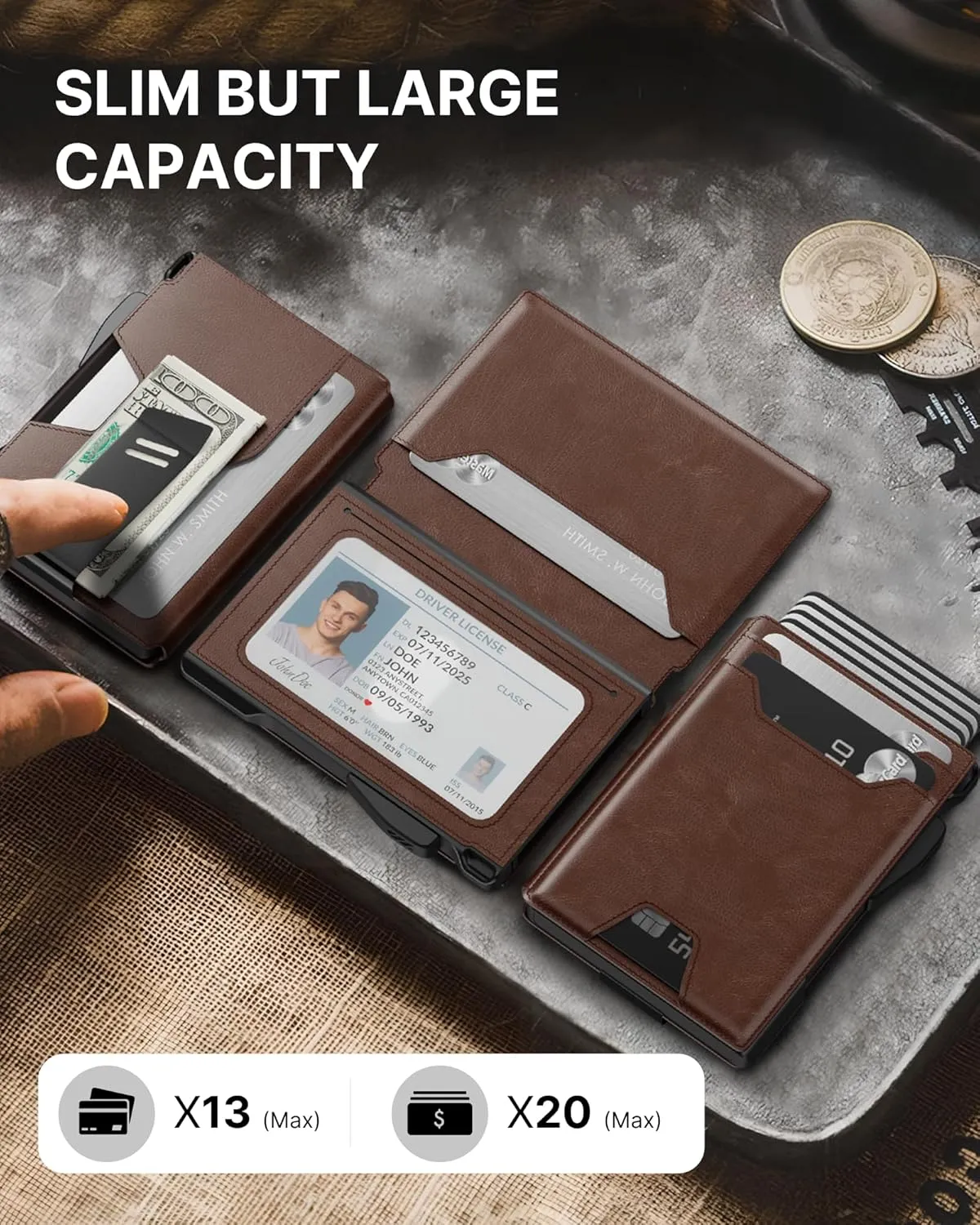 typecase Pop Up Wallet: Slim Wallet with Money Clip, Rfid-blocking, Minimalist, Small, Thin, Compact Card Case, Magnetic Bifold, Front Pocket Wallet, 9-13 Card Capacity, Mens Wallet - Oil Wax Brown