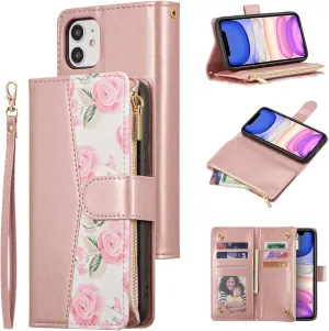UEEBAI Wallet Case for iPhone 11, PU Leather Case Magnetic Closure Handbag Zipper Pocket Case Kickstand Card Slots with Hand Strap Rose Flip Case for Women - Flower Rose Gold