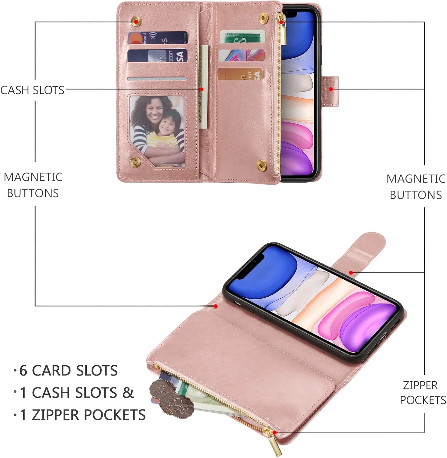UEEBAI Wallet Case for iPhone 11, PU Leather Case Magnetic Closure Handbag Zipper Pocket Case Kickstand Card Slots with Hand Strap Rose Flip Case for Women - Flower Rose Gold