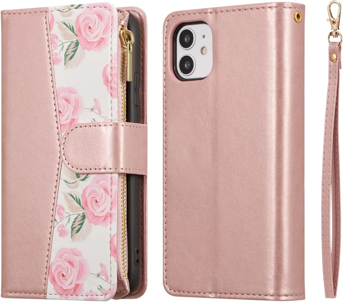 UEEBAI Wallet Case for iPhone 11, PU Leather Case Magnetic Closure Handbag Zipper Pocket Case Kickstand Card Slots with Hand Strap Rose Flip Case for Women - Flower Rose Gold