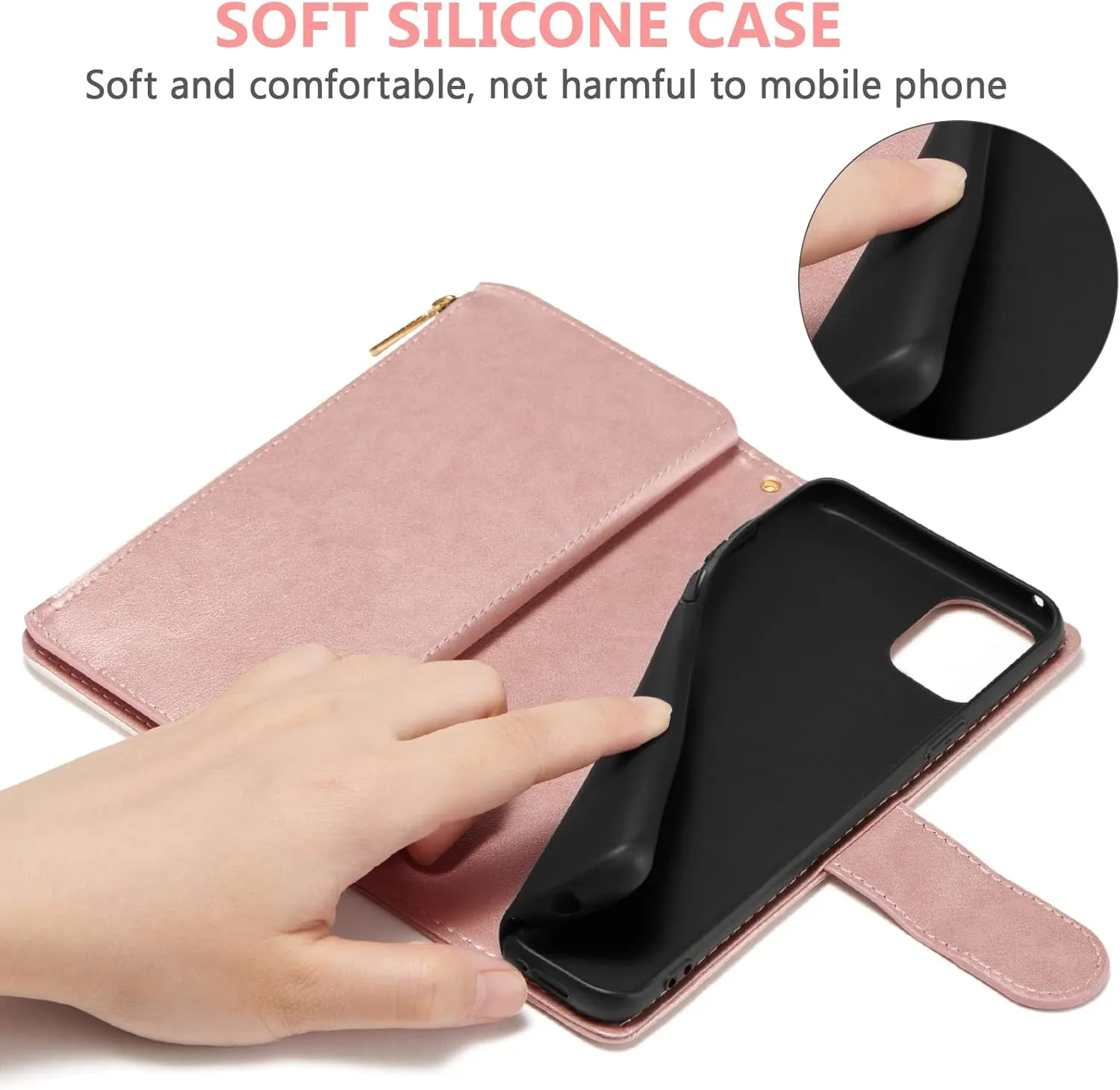 UEEBAI Wallet Case for iPhone 11, PU Leather Case Magnetic Closure Handbag Zipper Pocket Case Kickstand Card Slots with Hand Strap Rose Flip Case for Women - Flower Rose Gold