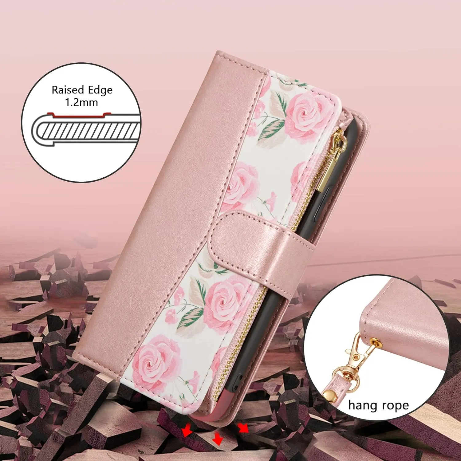 UEEBAI Wallet Case for iPhone 11, PU Leather Case Magnetic Closure Handbag Zipper Pocket Case Kickstand Card Slots with Hand Strap Rose Flip Case for Women - Flower Rose Gold