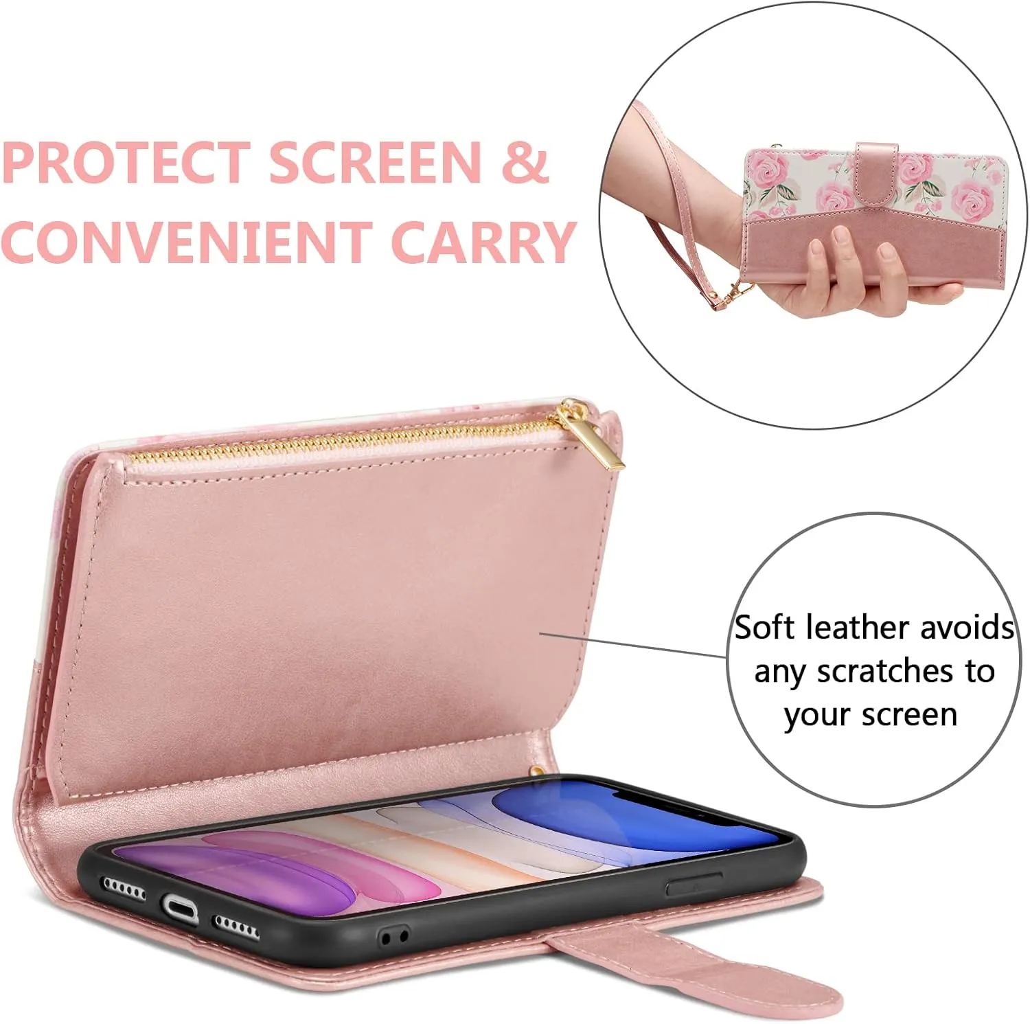 UEEBAI Wallet Case for iPhone 11, PU Leather Case Magnetic Closure Handbag Zipper Pocket Case Kickstand Card Slots with Hand Strap Rose Flip Case for Women - Flower Rose Gold