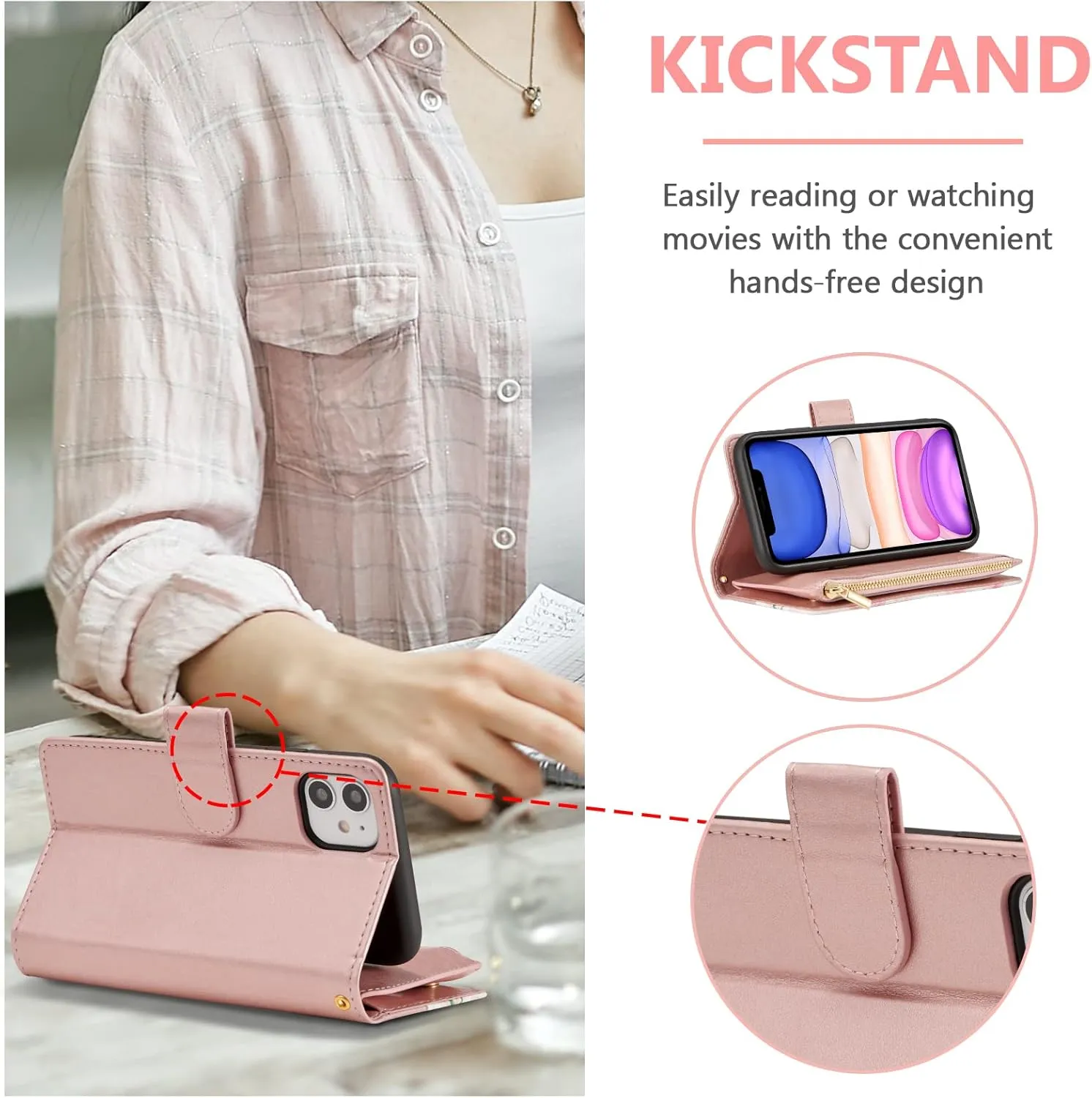 UEEBAI Wallet Case for iPhone 11, PU Leather Case Magnetic Closure Handbag Zipper Pocket Case Kickstand Card Slots with Hand Strap Rose Flip Case for Women - Flower Rose Gold