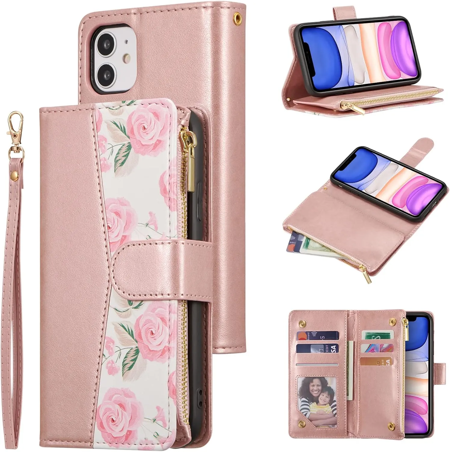 UEEBAI Wallet Case for iPhone 11, PU Leather Case Magnetic Closure Handbag Zipper Pocket Case Kickstand Card Slots with Hand Strap Rose Flip Case for Women - Flower Rose Gold