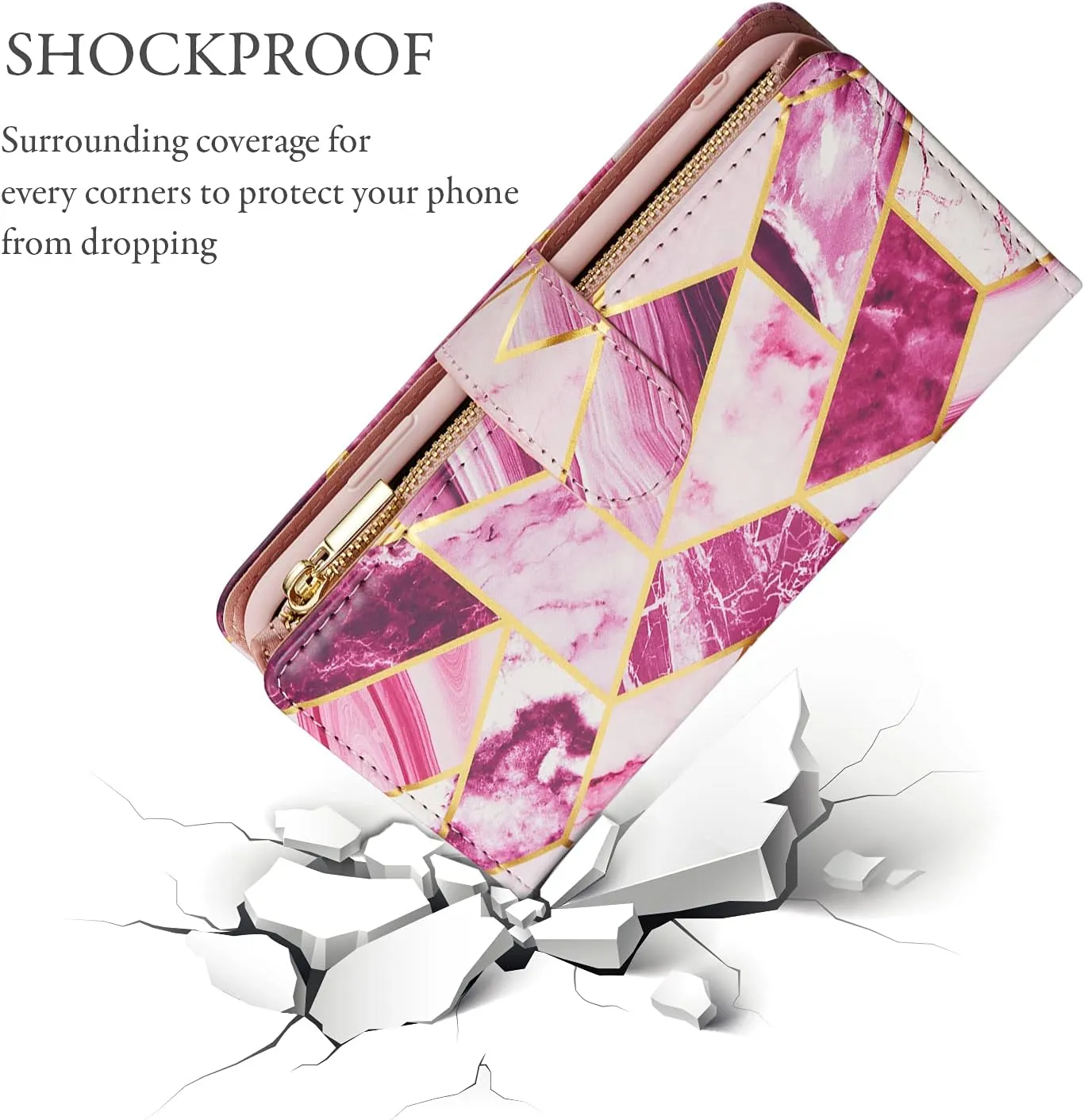 UEEBAI Wallet Case for iPhone 16, PU Leather Wallet Magnetic Closure Handbag Zipper Pocket Cover Kickstand Card Slots with Hand Strap Marple Flip Case for Women - Marble Purple