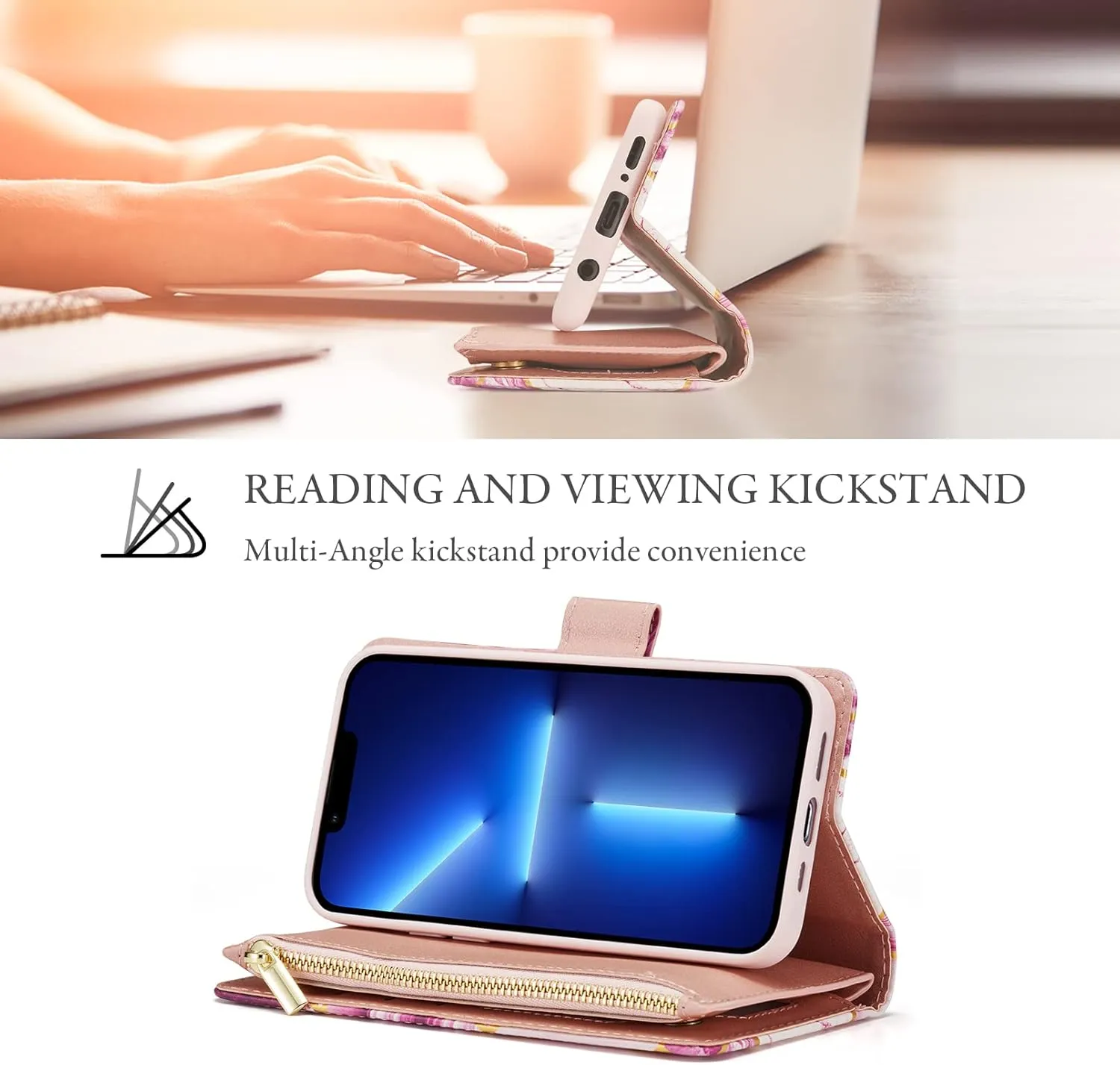 UEEBAI Wallet Case for iPhone 16, PU Leather Wallet Magnetic Closure Handbag Zipper Pocket Cover Kickstand Card Slots with Hand Strap Marple Flip Case for Women - Marble Purple