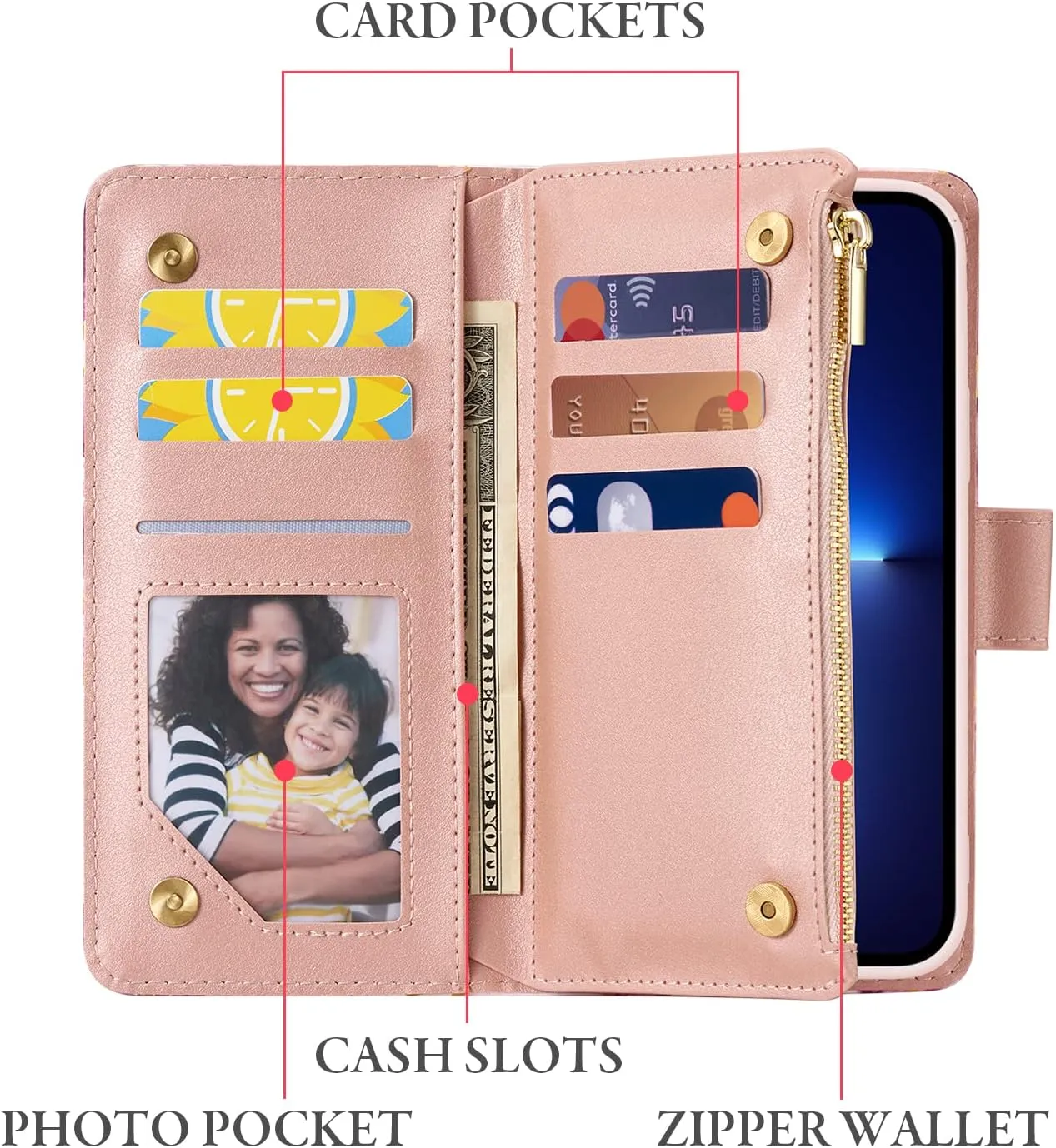 UEEBAI Wallet Case for iPhone 16, PU Leather Wallet Magnetic Closure Handbag Zipper Pocket Cover Kickstand Card Slots with Hand Strap Marple Flip Case for Women - Marble Purple
