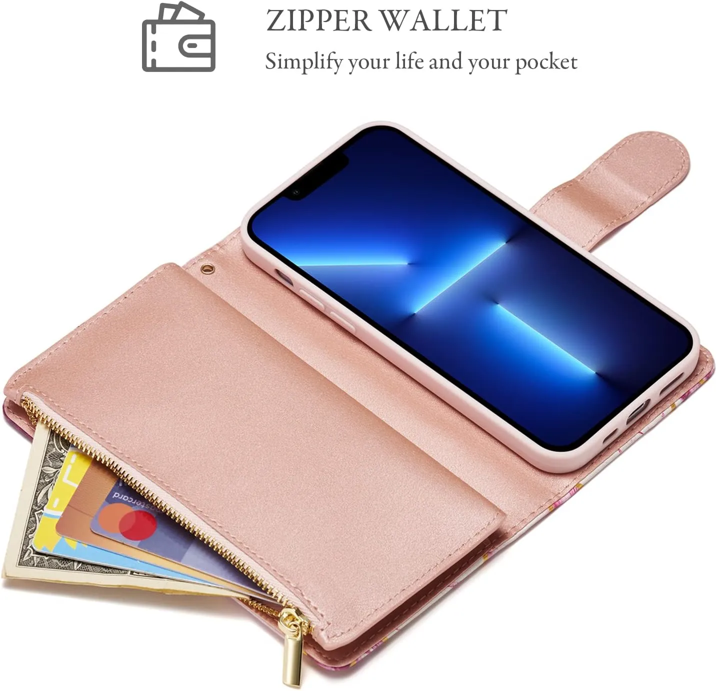 UEEBAI Wallet Case for iPhone 16, PU Leather Wallet Magnetic Closure Handbag Zipper Pocket Cover Kickstand Card Slots with Hand Strap Marple Flip Case for Women - Marble Purple
