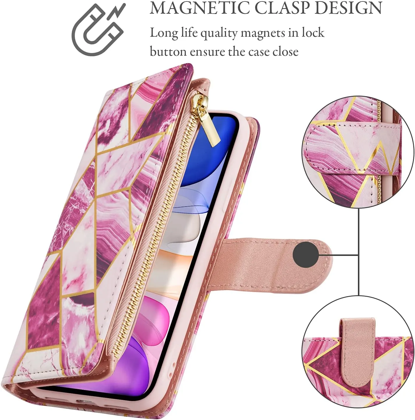 UEEBAI Wallet Case for iPhone 16, PU Leather Wallet Magnetic Closure Handbag Zipper Pocket Cover Kickstand Card Slots with Hand Strap Marple Flip Case for Women - Marble Purple