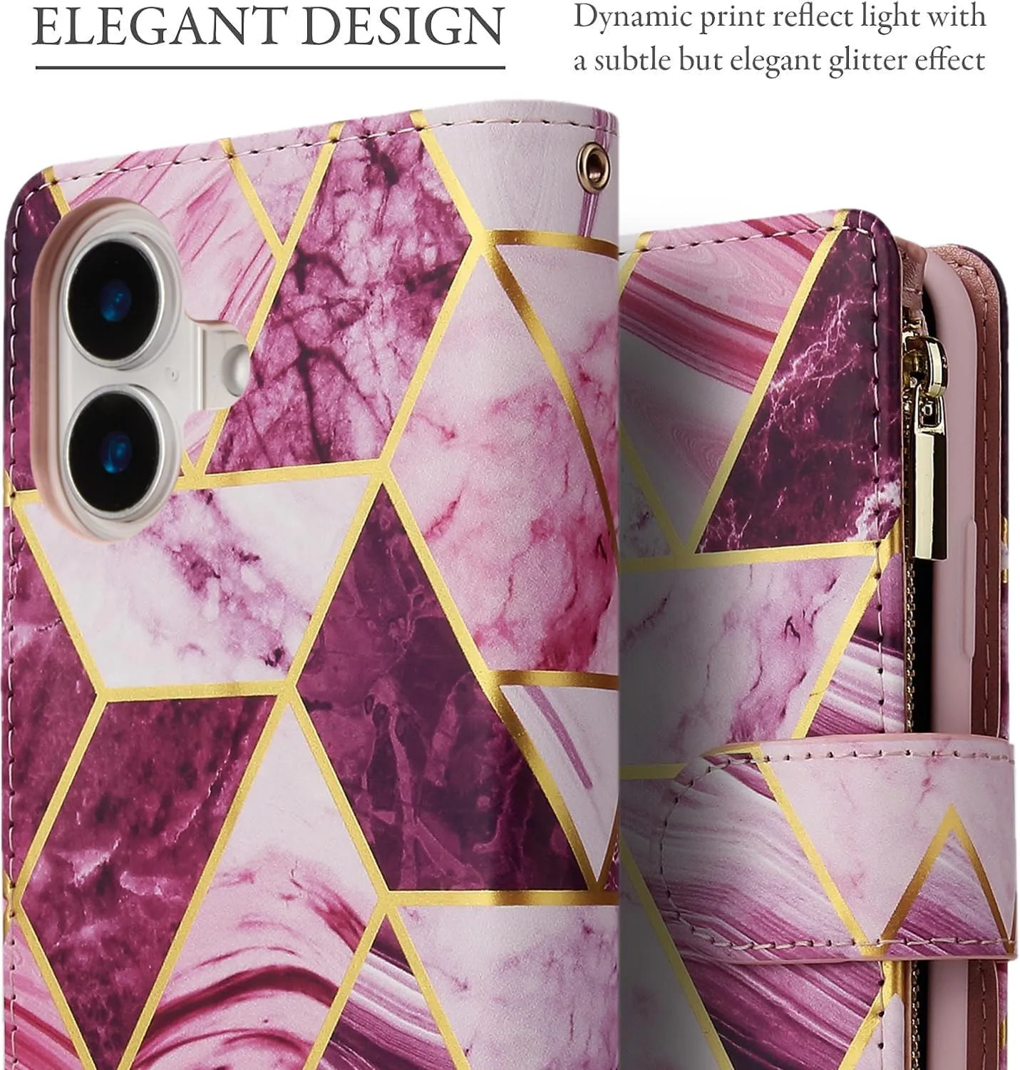 UEEBAI Wallet Case for iPhone 16, PU Leather Wallet Magnetic Closure Handbag Zipper Pocket Cover Kickstand Card Slots with Hand Strap Marple Flip Case for Women - Marble Purple
