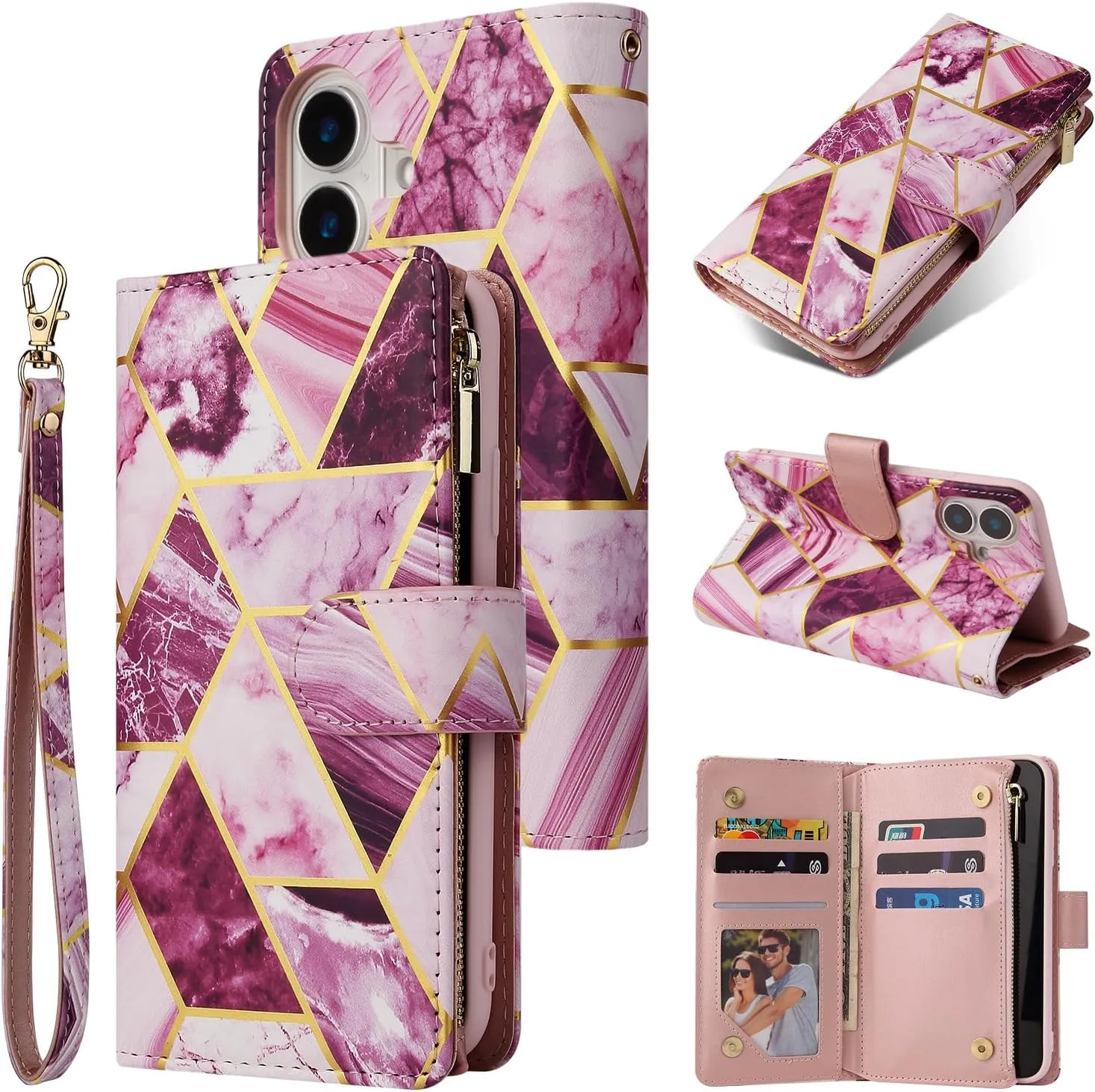 UEEBAI Wallet Case for iPhone 16, PU Leather Wallet Magnetic Closure Handbag Zipper Pocket Cover Kickstand Card Slots with Hand Strap Marple Flip Case for Women - Marble Purple