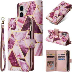 UEEBAI Wallet Case for iPhone 16, PU Leather Wallet Magnetic Closure Handbag Zipper Pocket Cover Kickstand Card Slots with Hand Strap Marple Flip Case for Women - Marble Purple