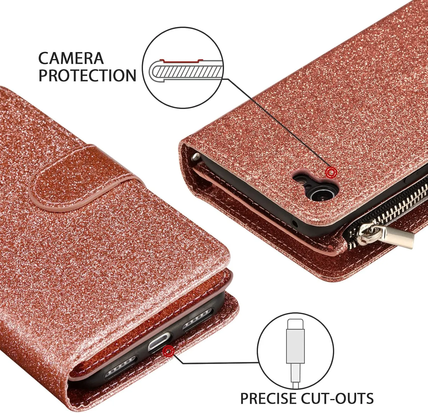 UEEBAI Wallet Case for iPhone 7/iPhone 8/iPhone SE, PU Leather Case Magnetic Closure Handbag Zipper Pocket Case Kickstand Card Slots with Hand Strap Marple Flip Case for Women - Glitter Pink