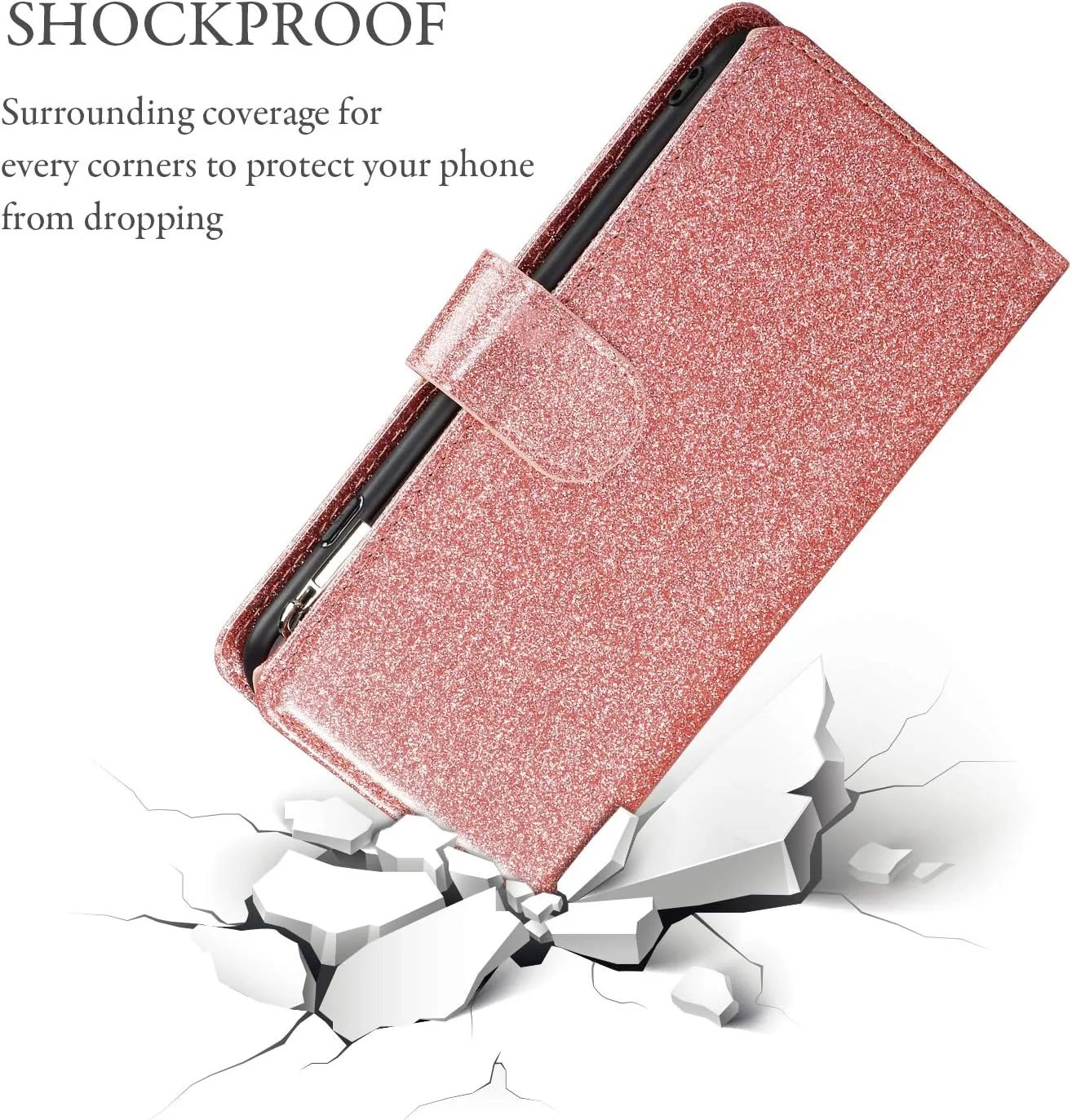UEEBAI Wallet Case for iPhone 7/iPhone 8/iPhone SE, PU Leather Case Magnetic Closure Handbag Zipper Pocket Case Kickstand Card Slots with Hand Strap Marple Flip Case for Women - Glitter Pink