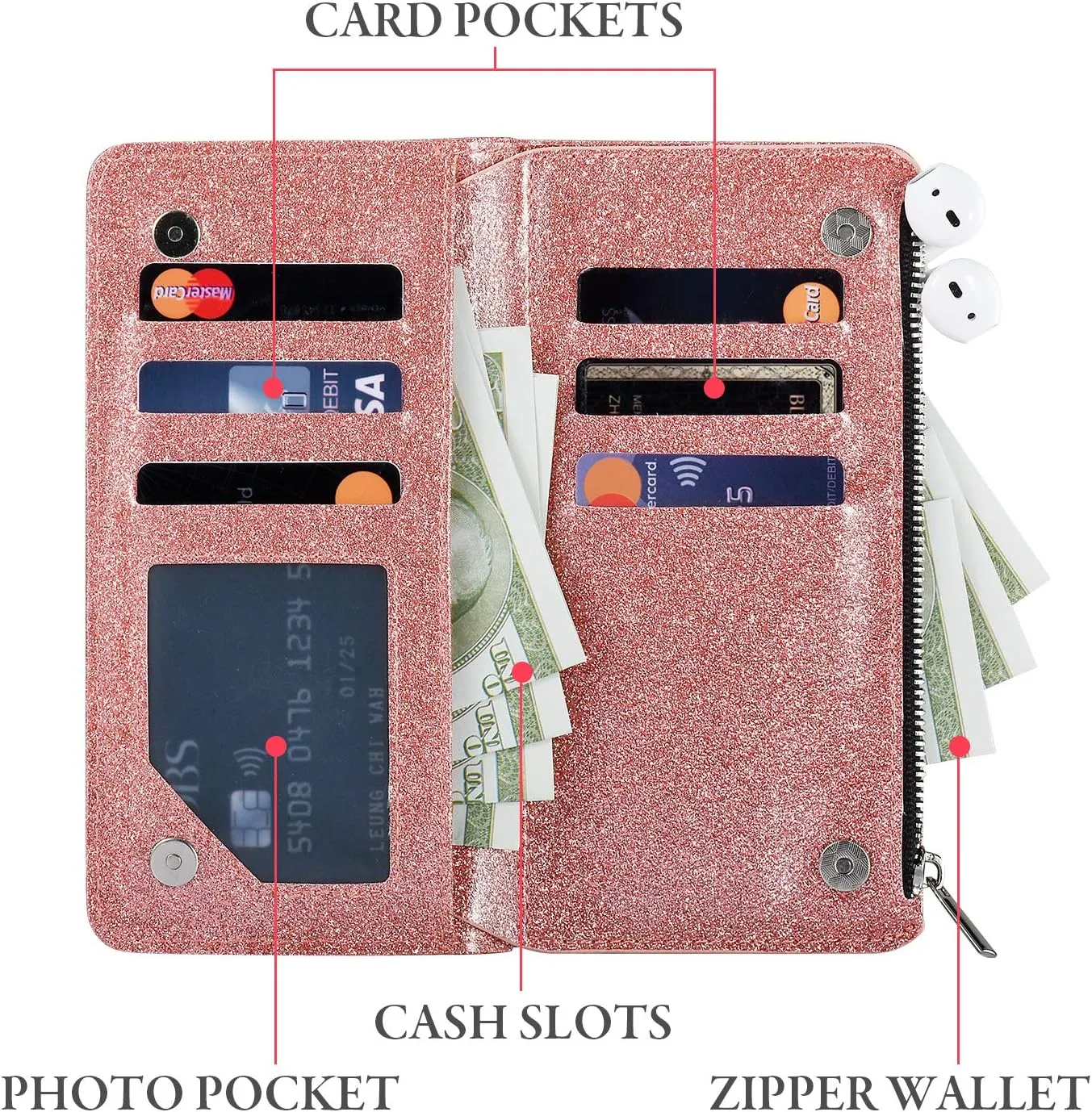 UEEBAI Wallet Case for iPhone 7/iPhone 8/iPhone SE, PU Leather Case Magnetic Closure Handbag Zipper Pocket Case Kickstand Card Slots with Hand Strap Marple Flip Case for Women - Glitter Pink