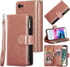 UEEBAI Wallet Case for iPhone 7/iPhone 8/iPhone SE, PU Leather Case Magnetic Closure Handbag Zipper Pocket Case Kickstand Card Slots with Hand Strap Marple Flip Case for Women - Glitter Pink