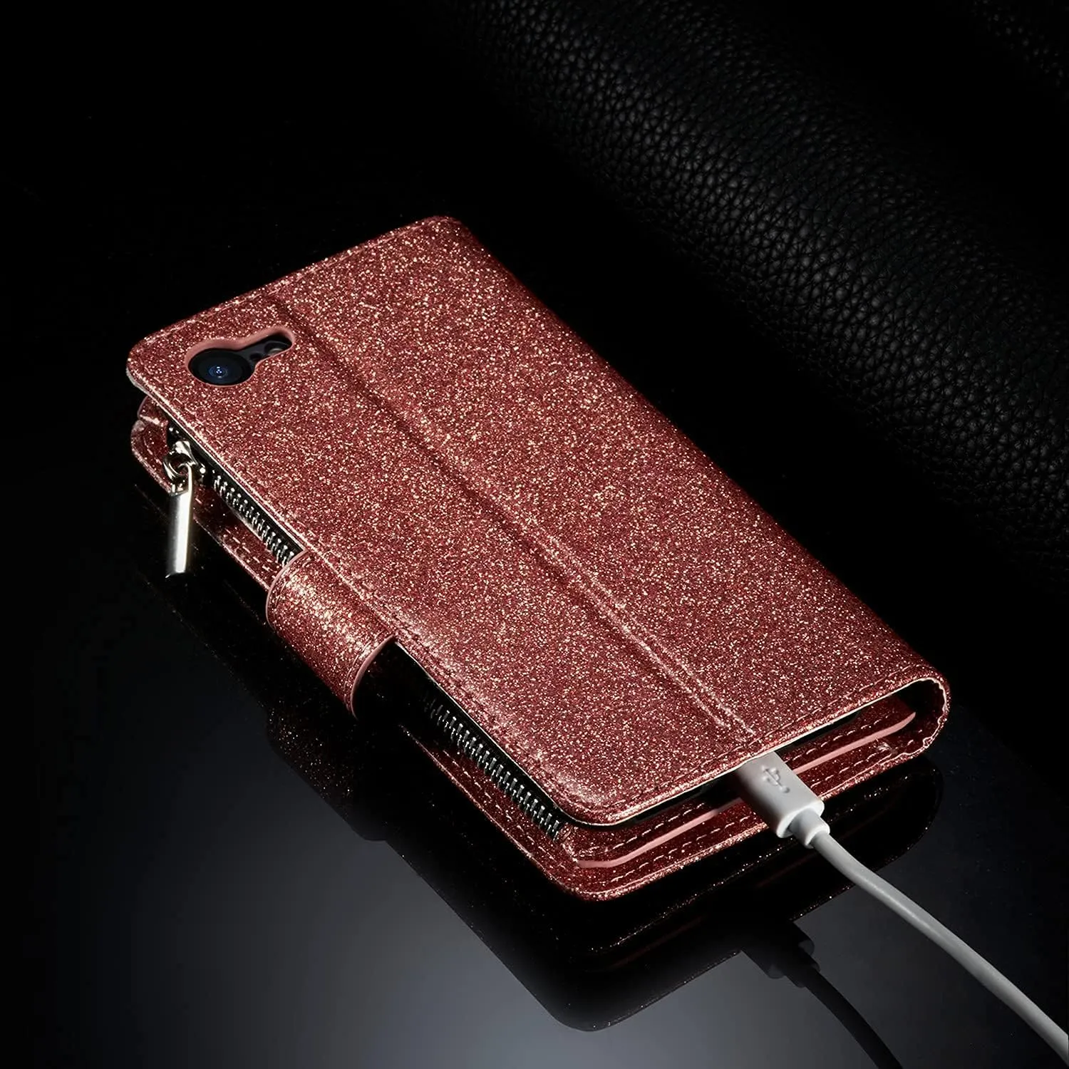 UEEBAI Wallet Case for iPhone 7/iPhone 8/iPhone SE, PU Leather Case Magnetic Closure Handbag Zipper Pocket Case Kickstand Card Slots with Hand Strap Marple Flip Case for Women - Glitter Pink