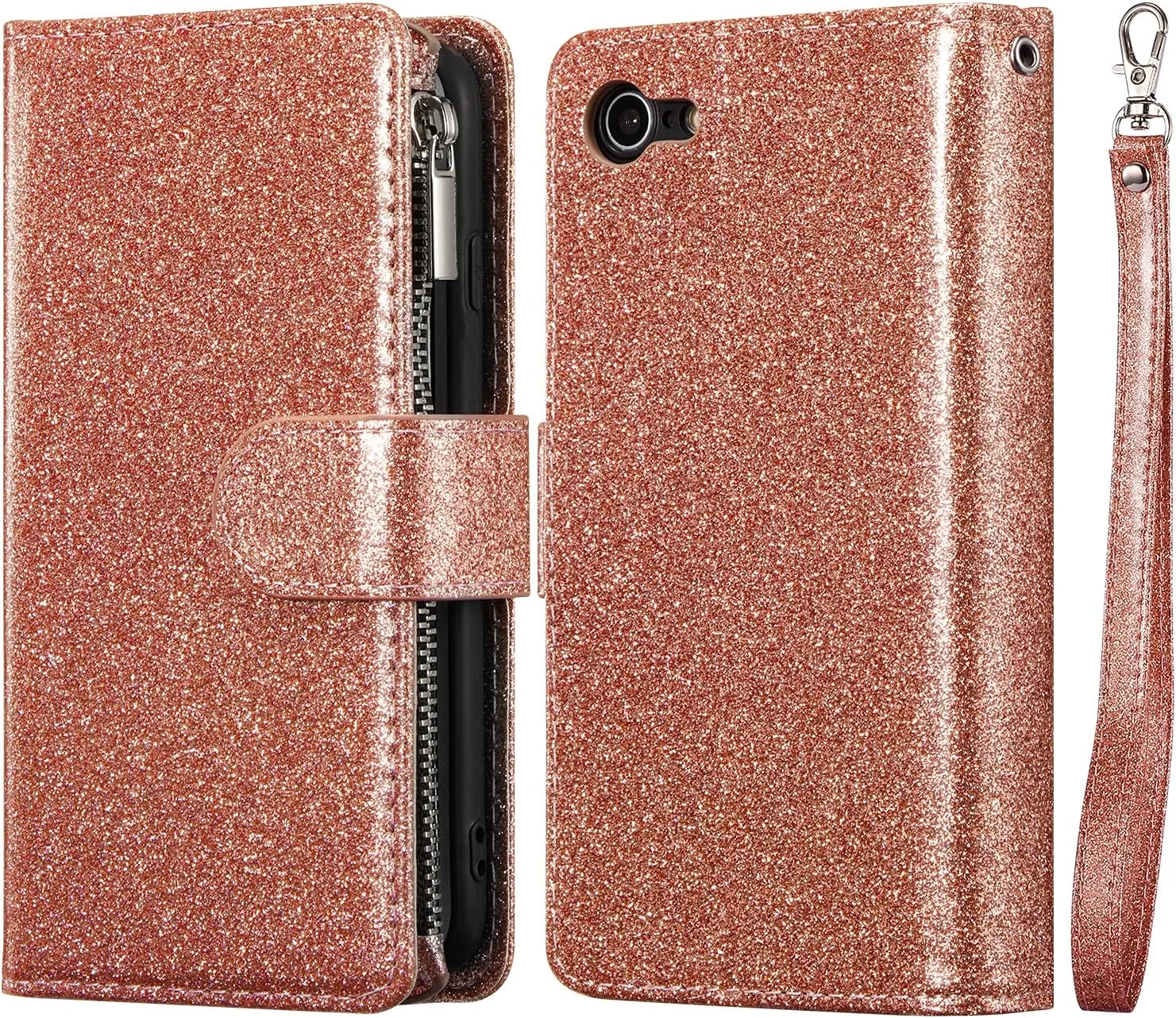 UEEBAI Wallet Case for iPhone 7/iPhone 8/iPhone SE, PU Leather Case Magnetic Closure Handbag Zipper Pocket Case Kickstand Card Slots with Hand Strap Marple Flip Case for Women - Glitter Pink